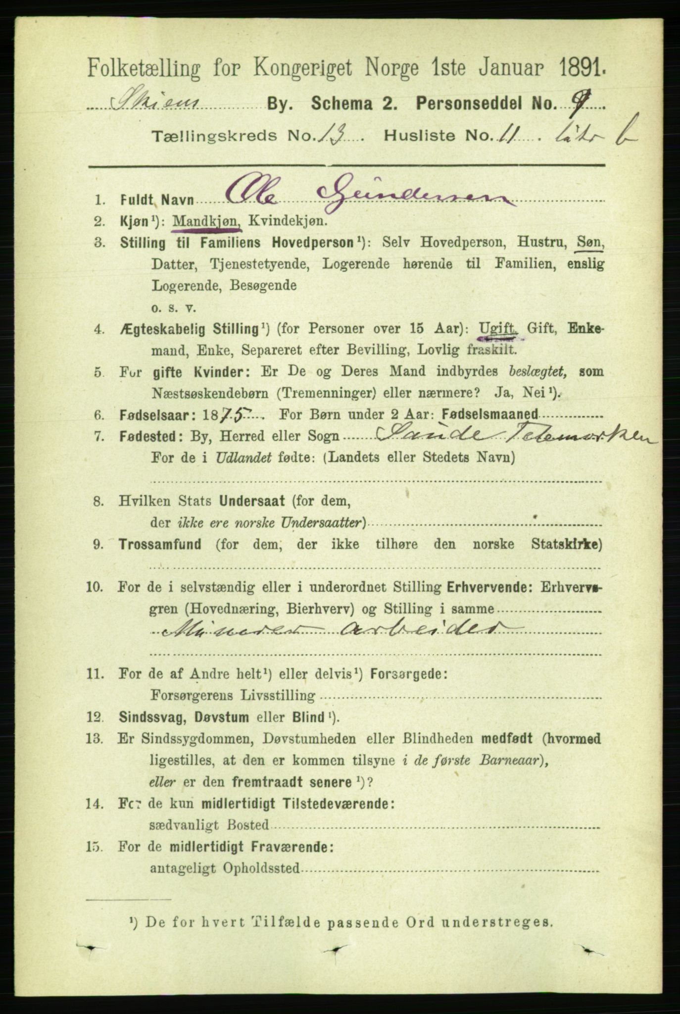 RA, 1891 census for 0806 Skien, 1891, p. 4183