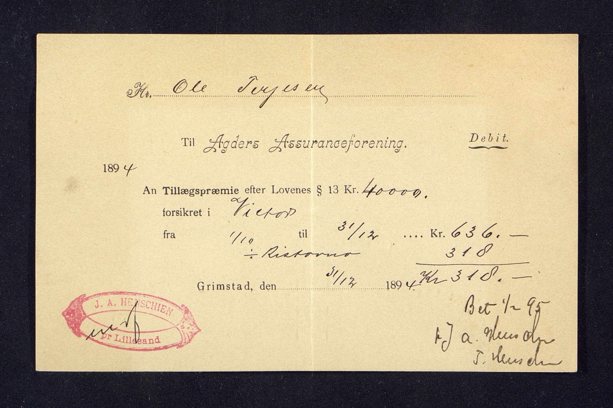 O. Terjesens rederi, AAKS/PA-2525/R/R02/L0001: Regnskapsbilag, 1884-1898