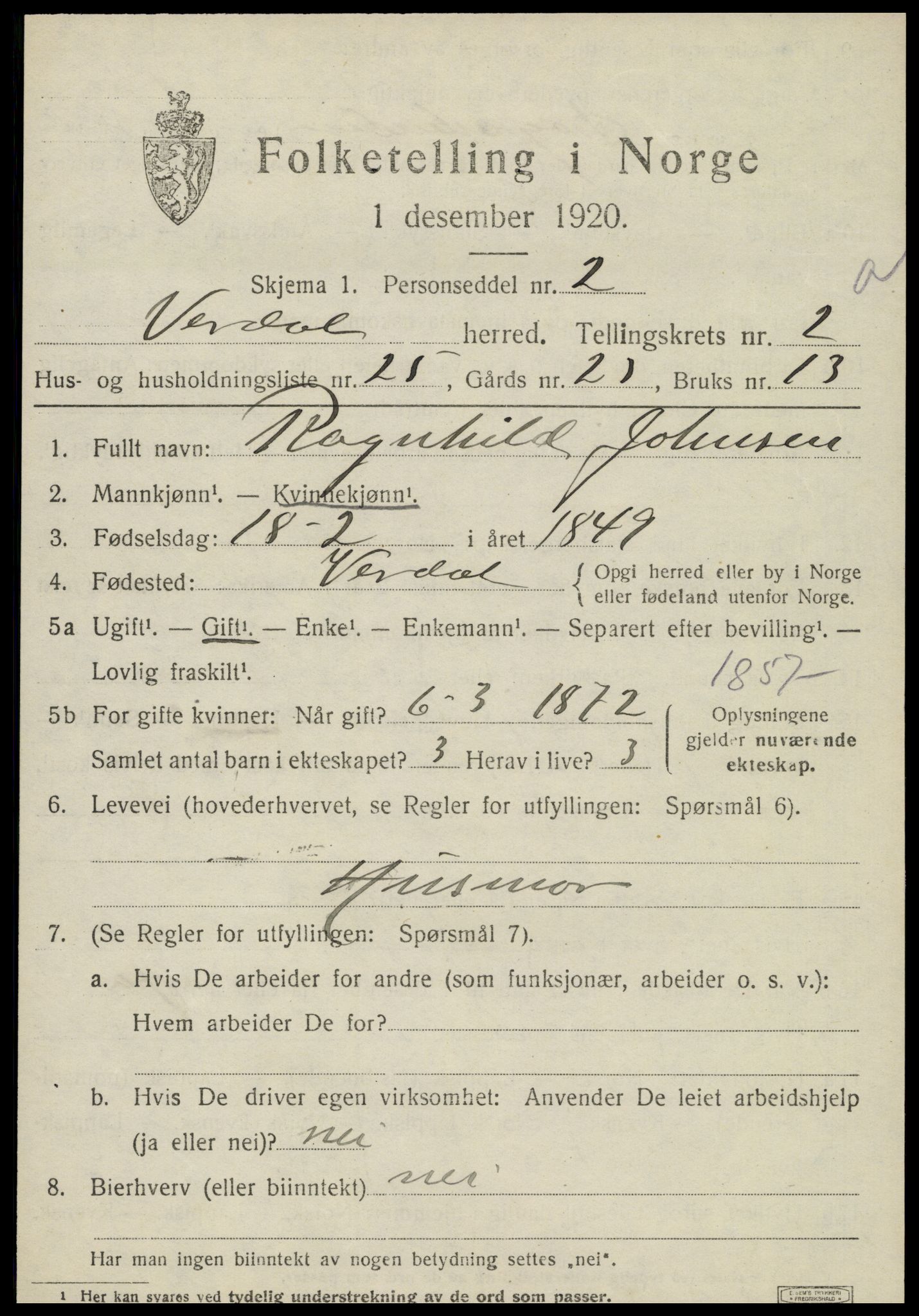 SAT, 1920 census for Verdal, 1920, p. 4023