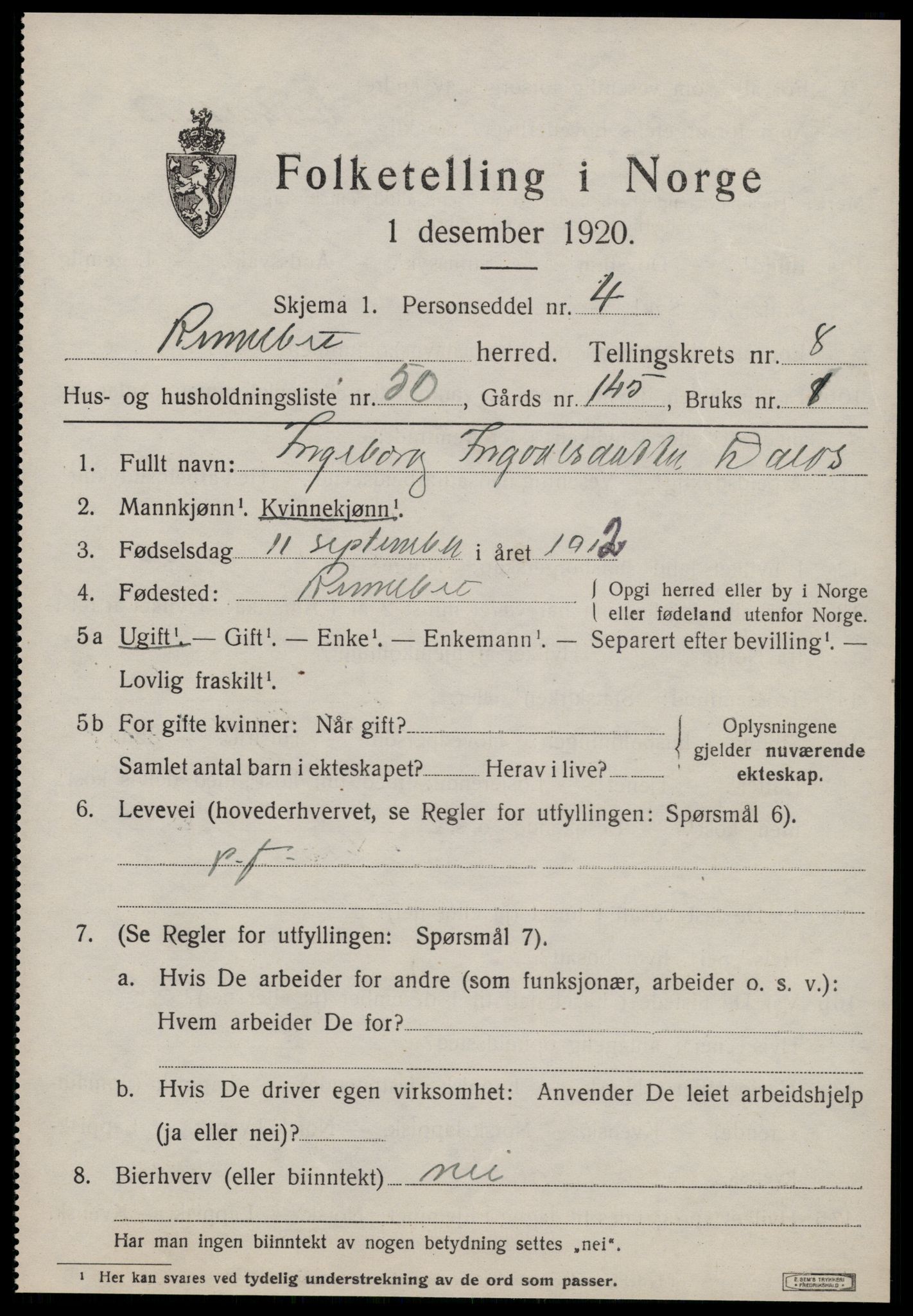 SAT, 1920 census for Rennebu, 1920, p. 5812