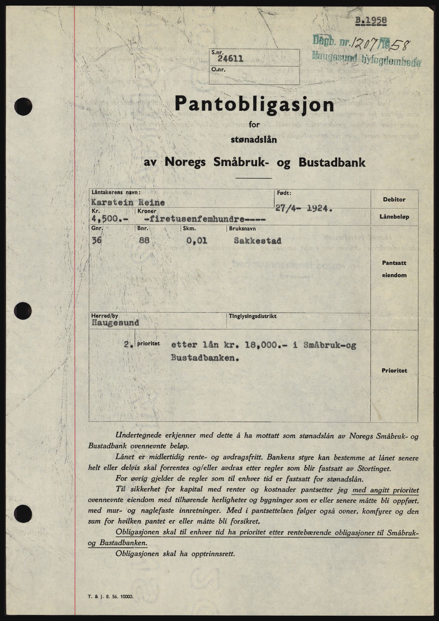 Haugesund tingrett, SAST/A-101415/01/II/IIC/L0044: Mortgage book no. B 44, 1958-1959, Diary no: : 1207/1958