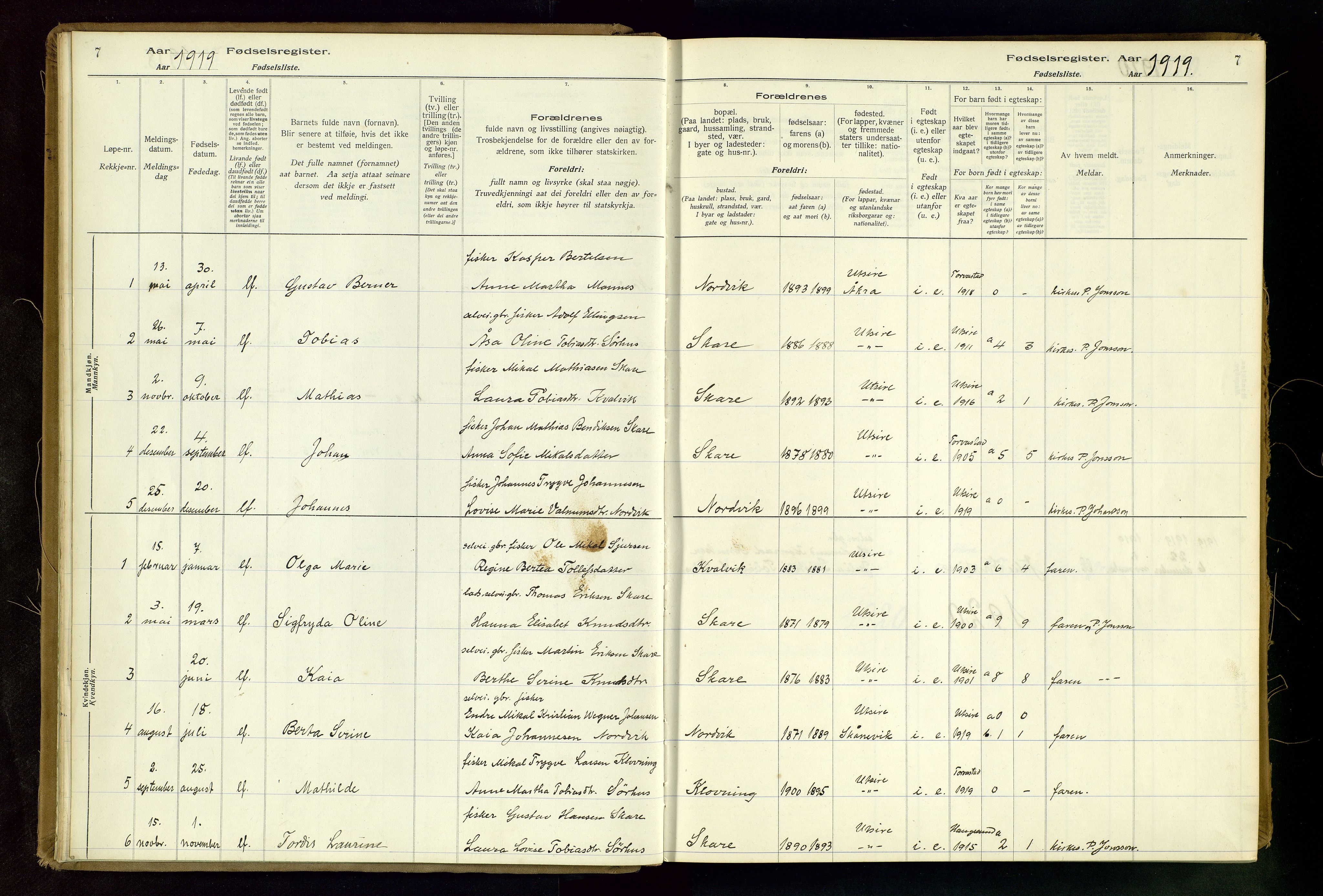 Torvastad sokneprestkontor, SAST/A -101857/I/Id/L0001: Birth register no. 1, 1916-1982, p. 7