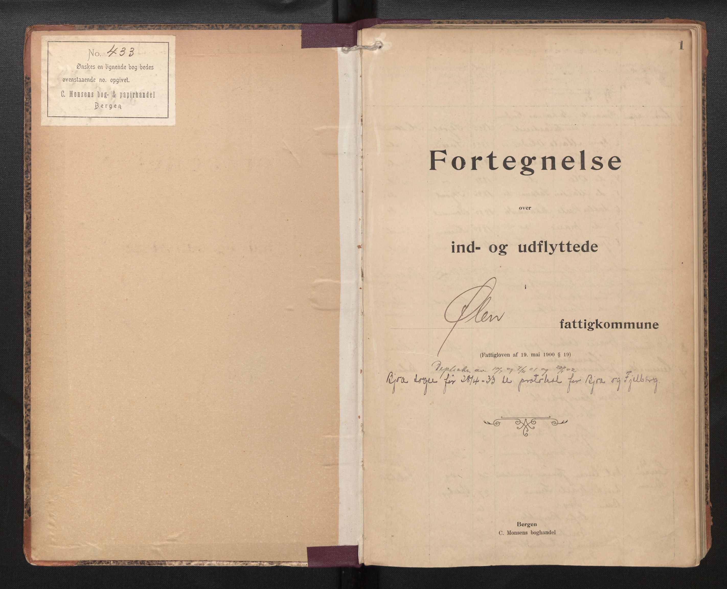 Lensmannen i Fjelberg, SAB/A-32101/0020/L0001: Protokoll over inn- og utflytte, Ølen og Bjoa, 1901-1942, p. 1