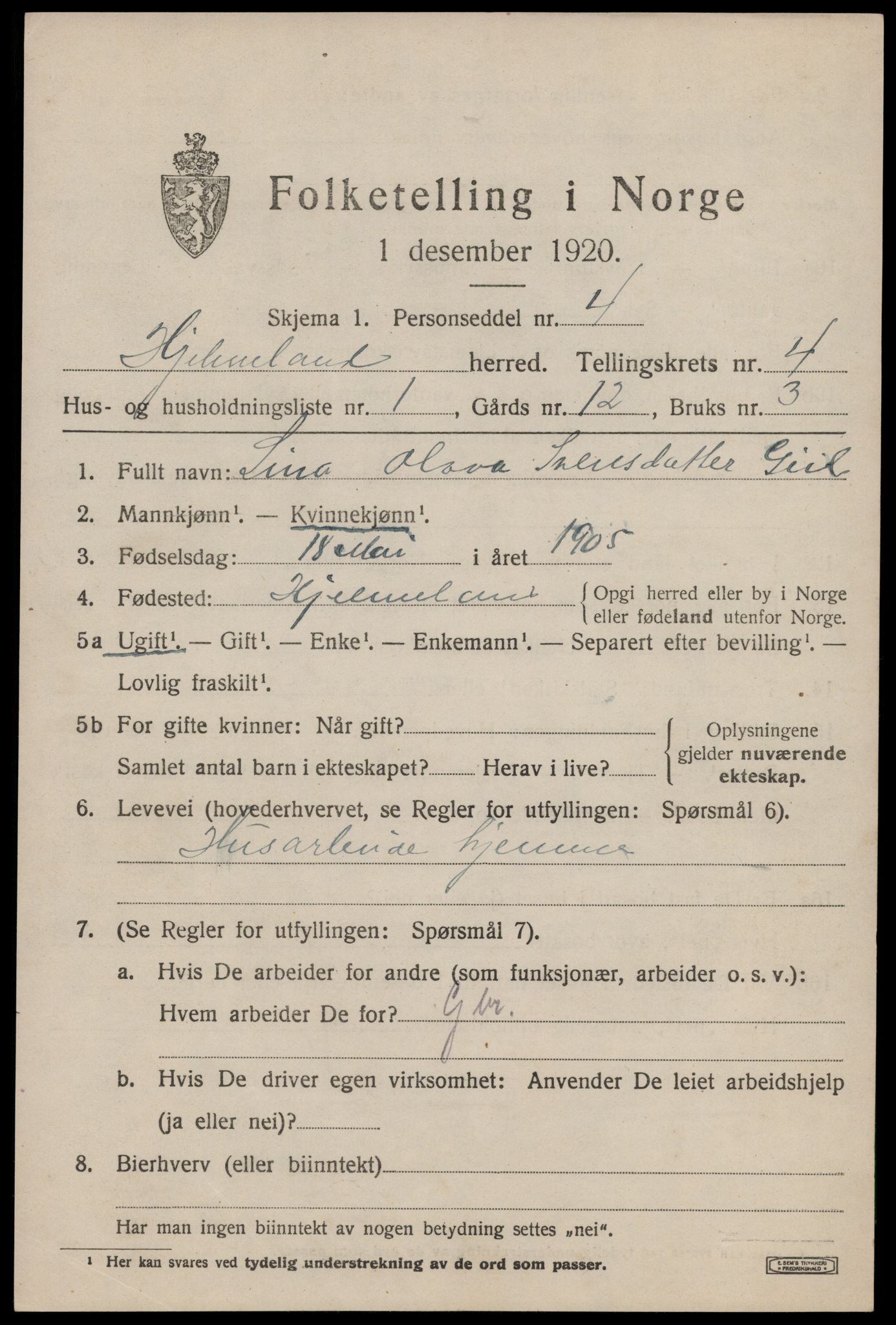 SAST, 1920 census for Hjelmeland, 1920, p. 1515