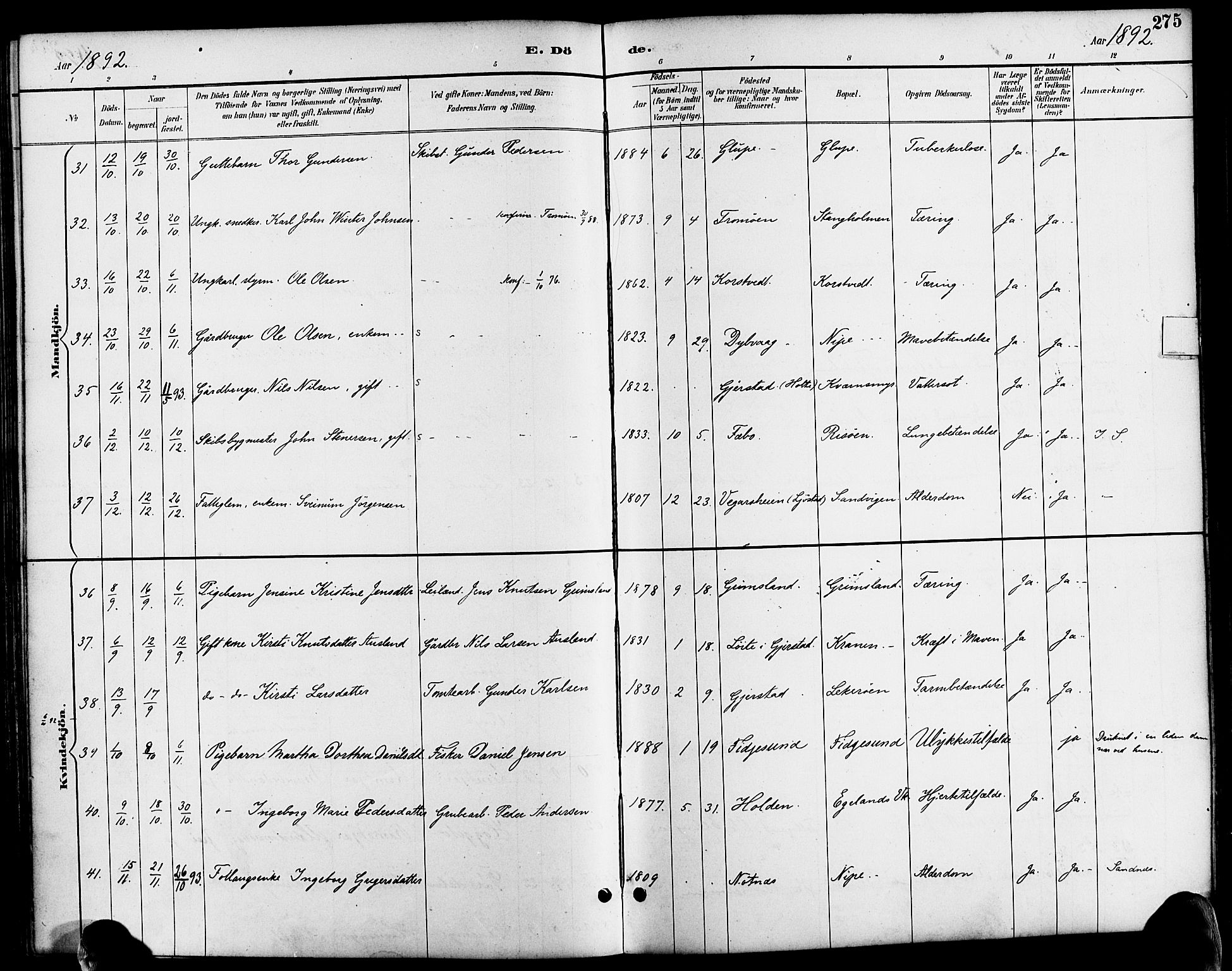 Søndeled sokneprestkontor, AV/SAK-1111-0038/F/Fa/L0005: Parish register (official) no. A 5, 1889-1899, p. 275