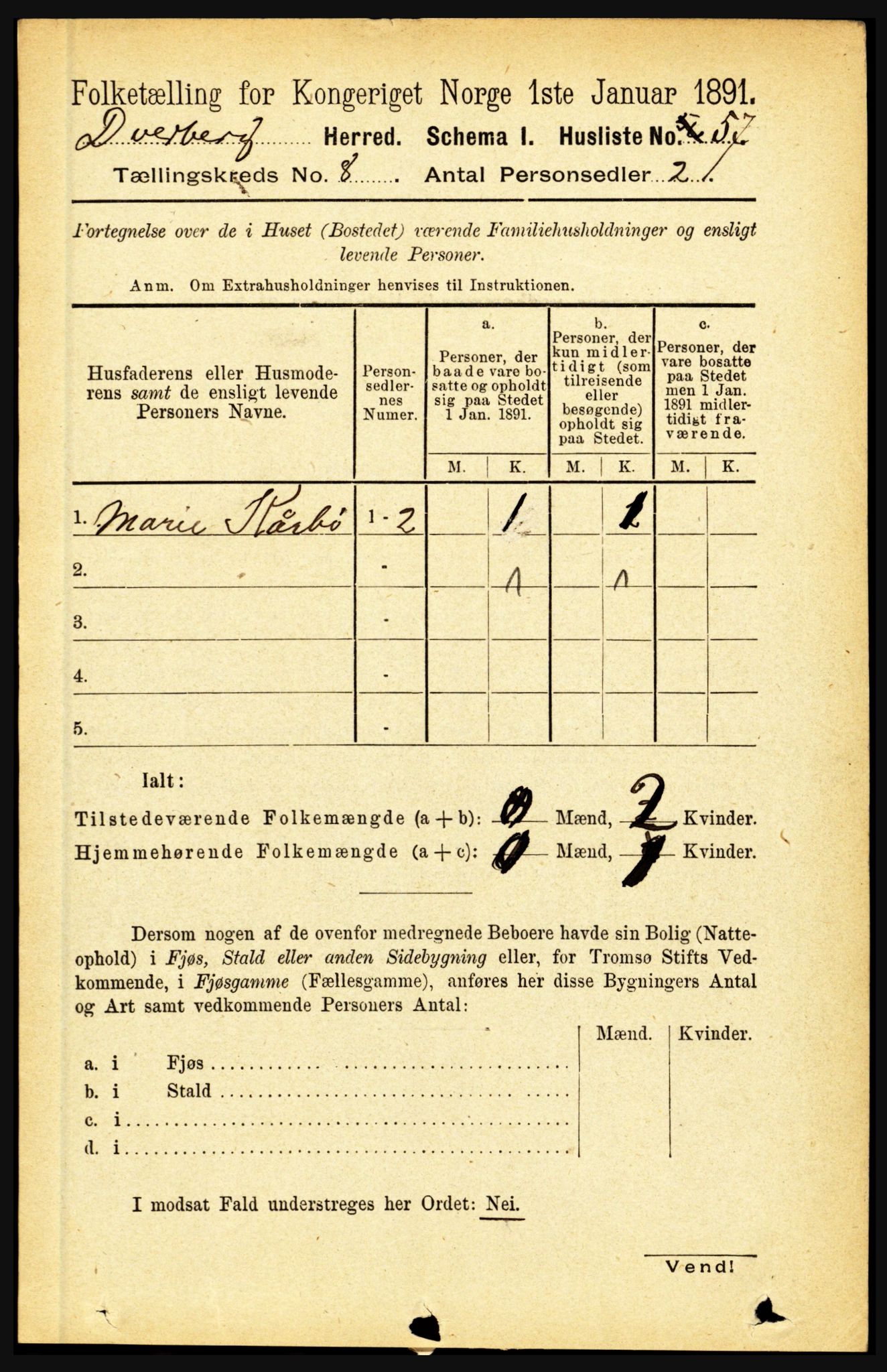 RA, 1891 census for 1872 Dverberg, 1891, p. 3105