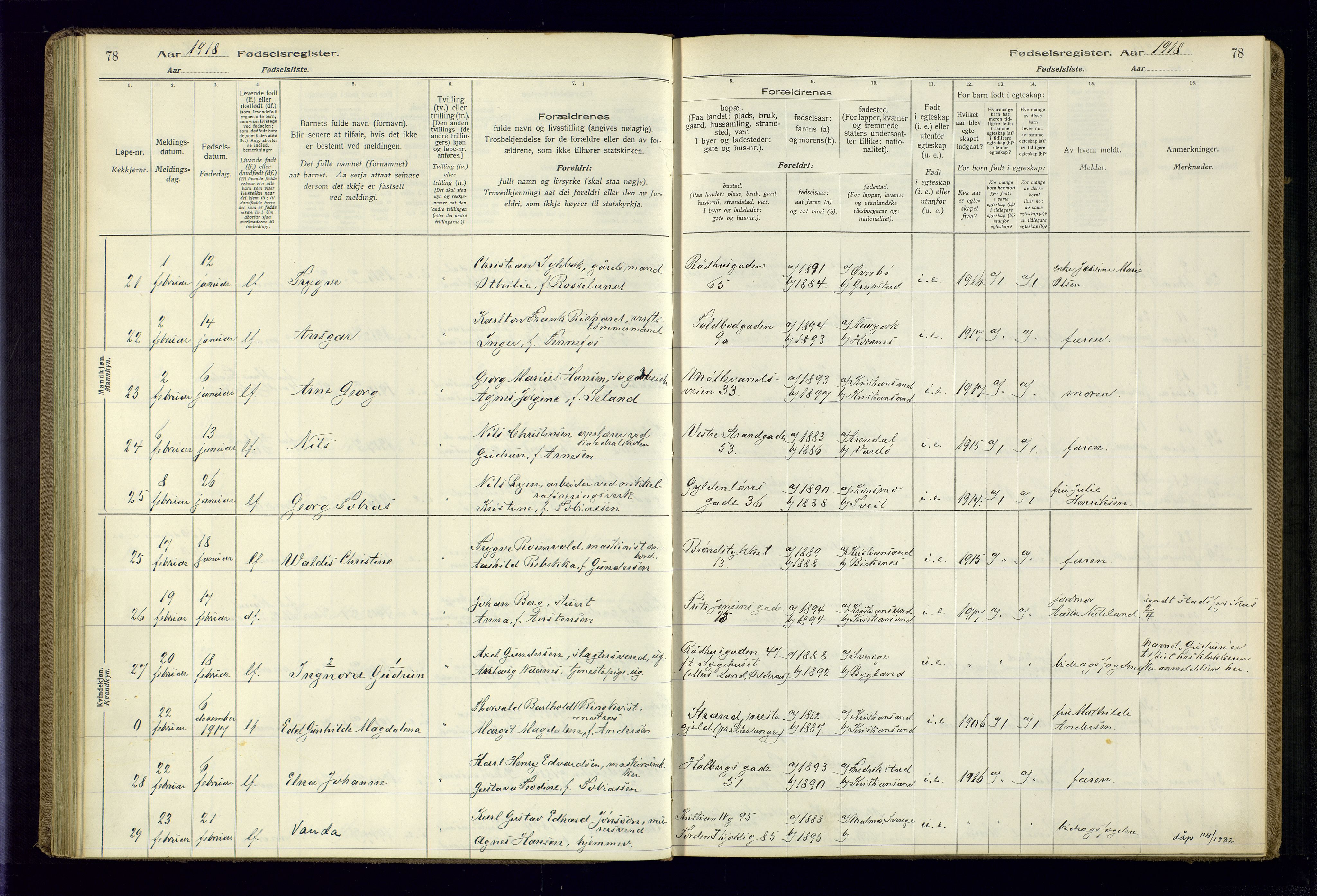 Kristiansand domprosti, AV/SAK-1112-0006/J/Jc/L0001: Birth register no. A-VI-45, 1916-1921, p. 78