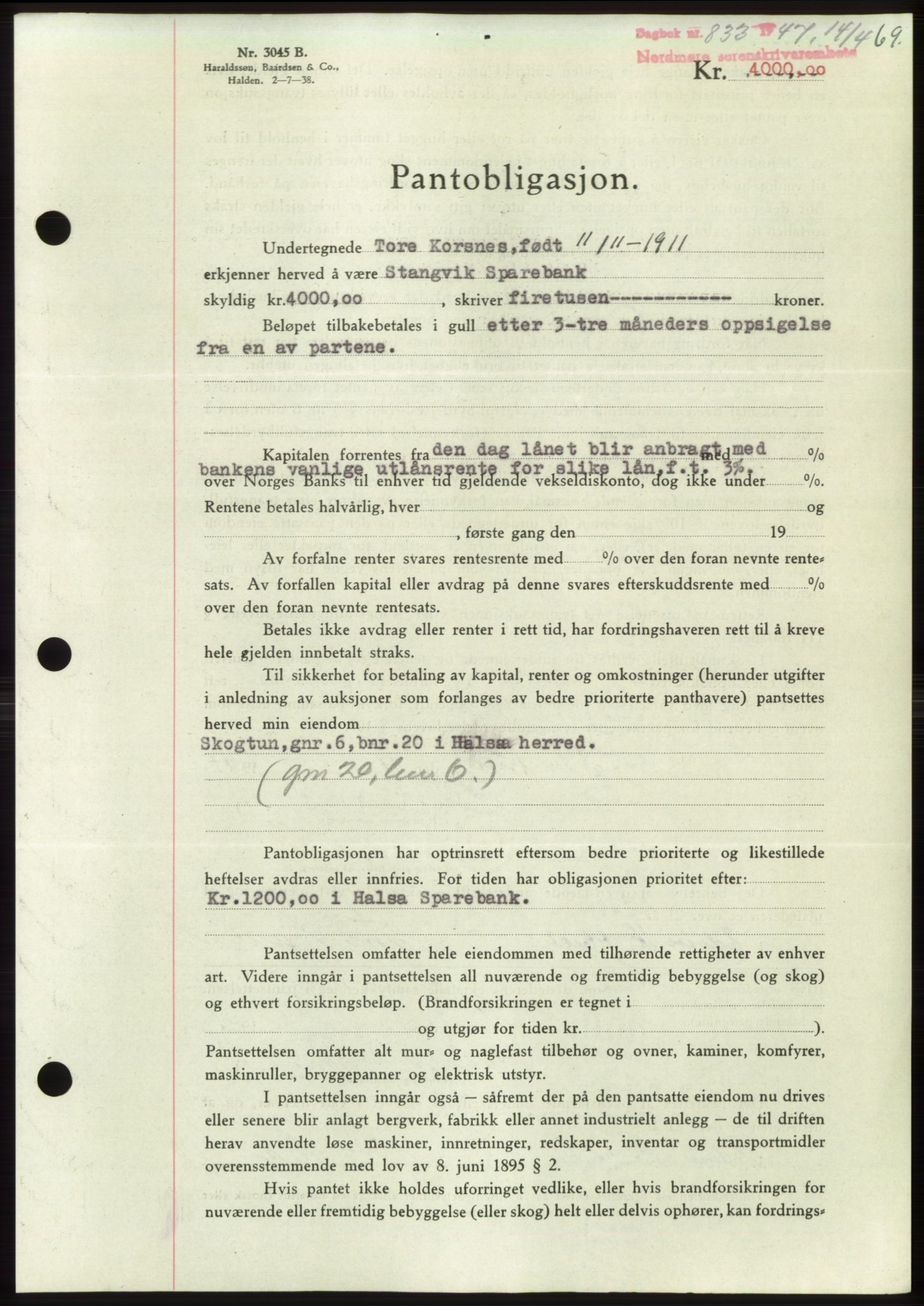 Nordmøre sorenskriveri, AV/SAT-A-4132/1/2/2Ca: Mortgage book no. B96, 1947-1947, Diary no: : 833/1947