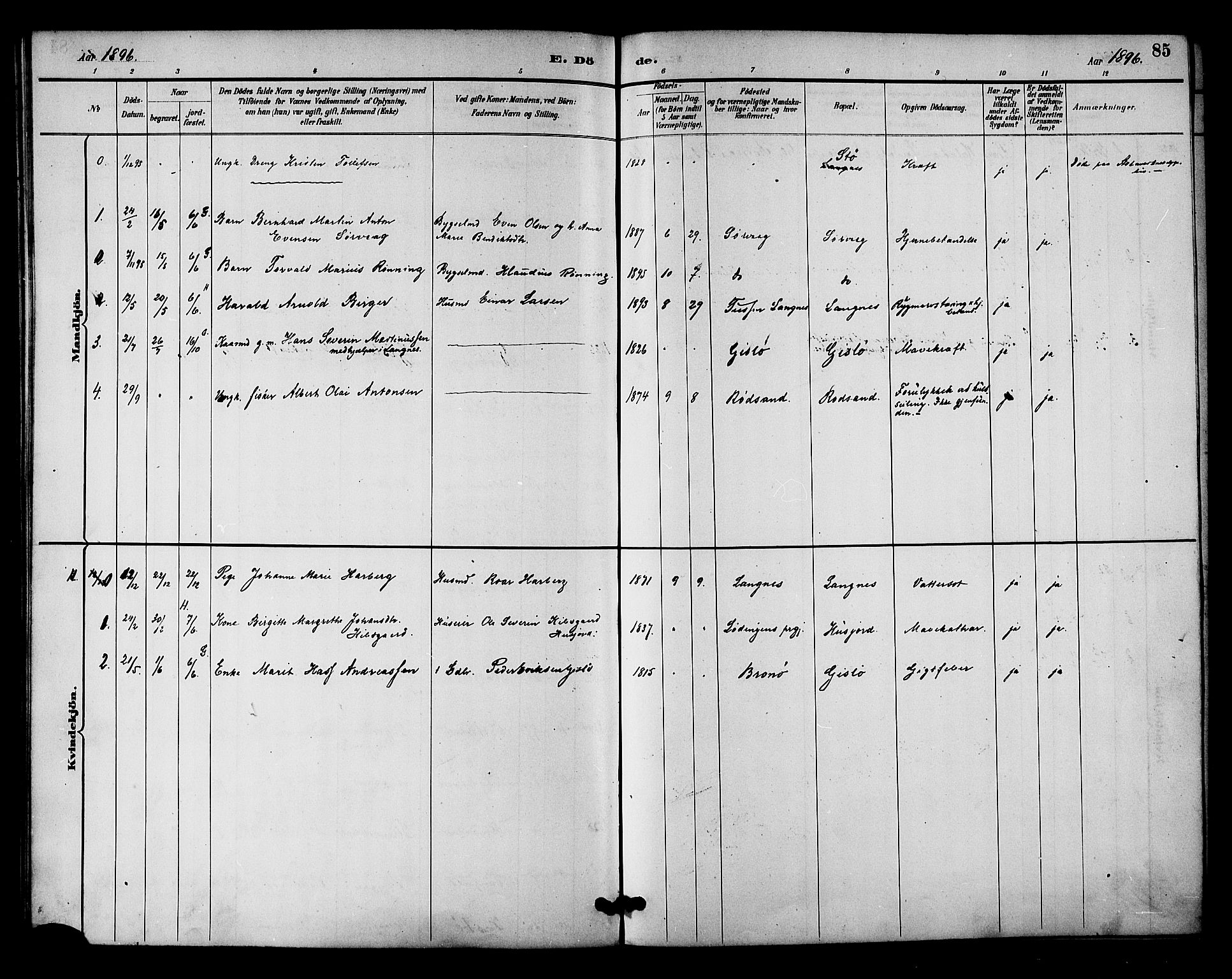 Ministerialprotokoller, klokkerbøker og fødselsregistre - Nordland, AV/SAT-A-1459/894/L1355: Parish register (official) no. 894A01, 1885-1896, p. 85