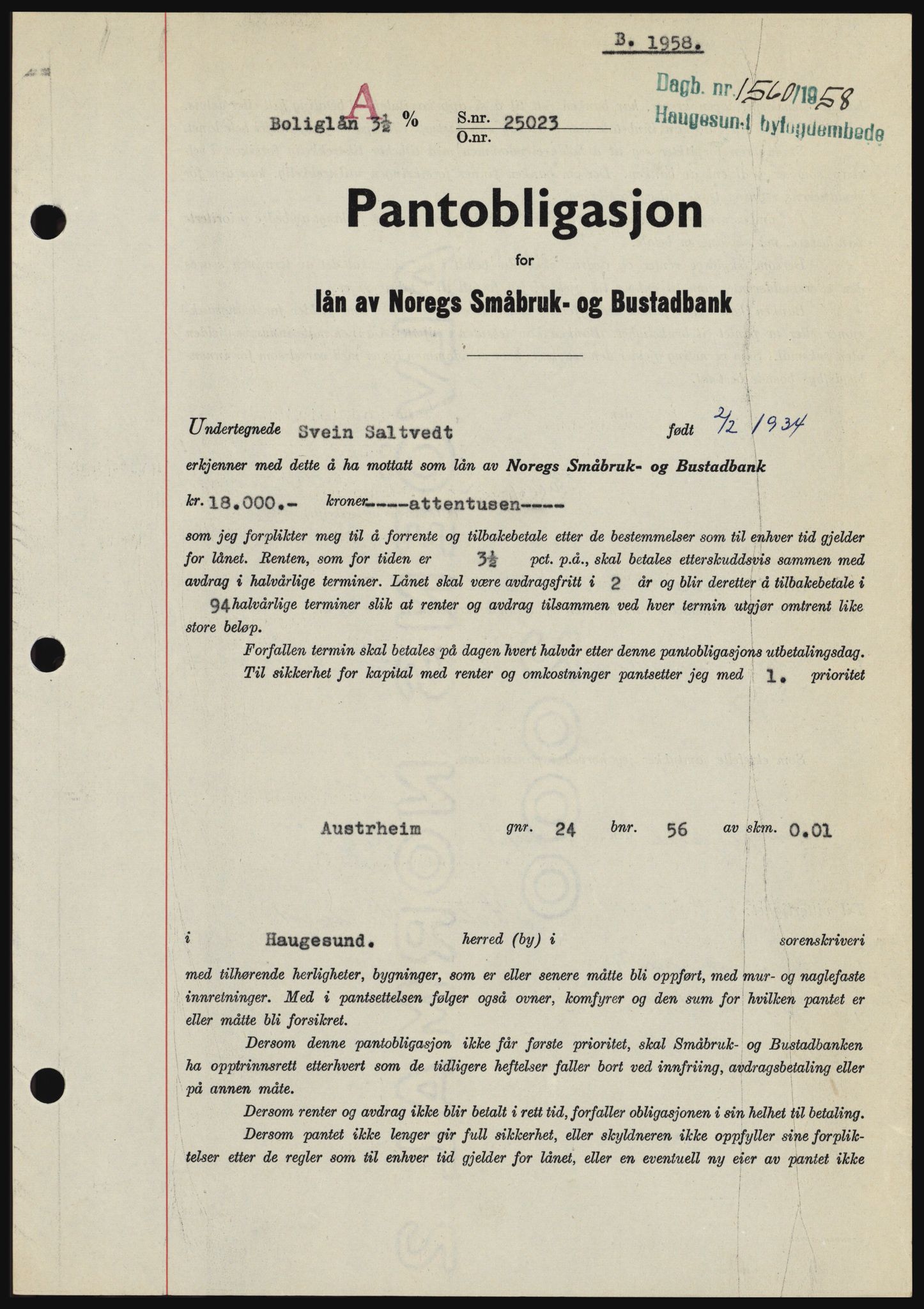 Haugesund tingrett, SAST/A-101415/01/II/IIC/L0044: Mortgage book no. B 44, 1958-1959, Diary no: : 1560/1958