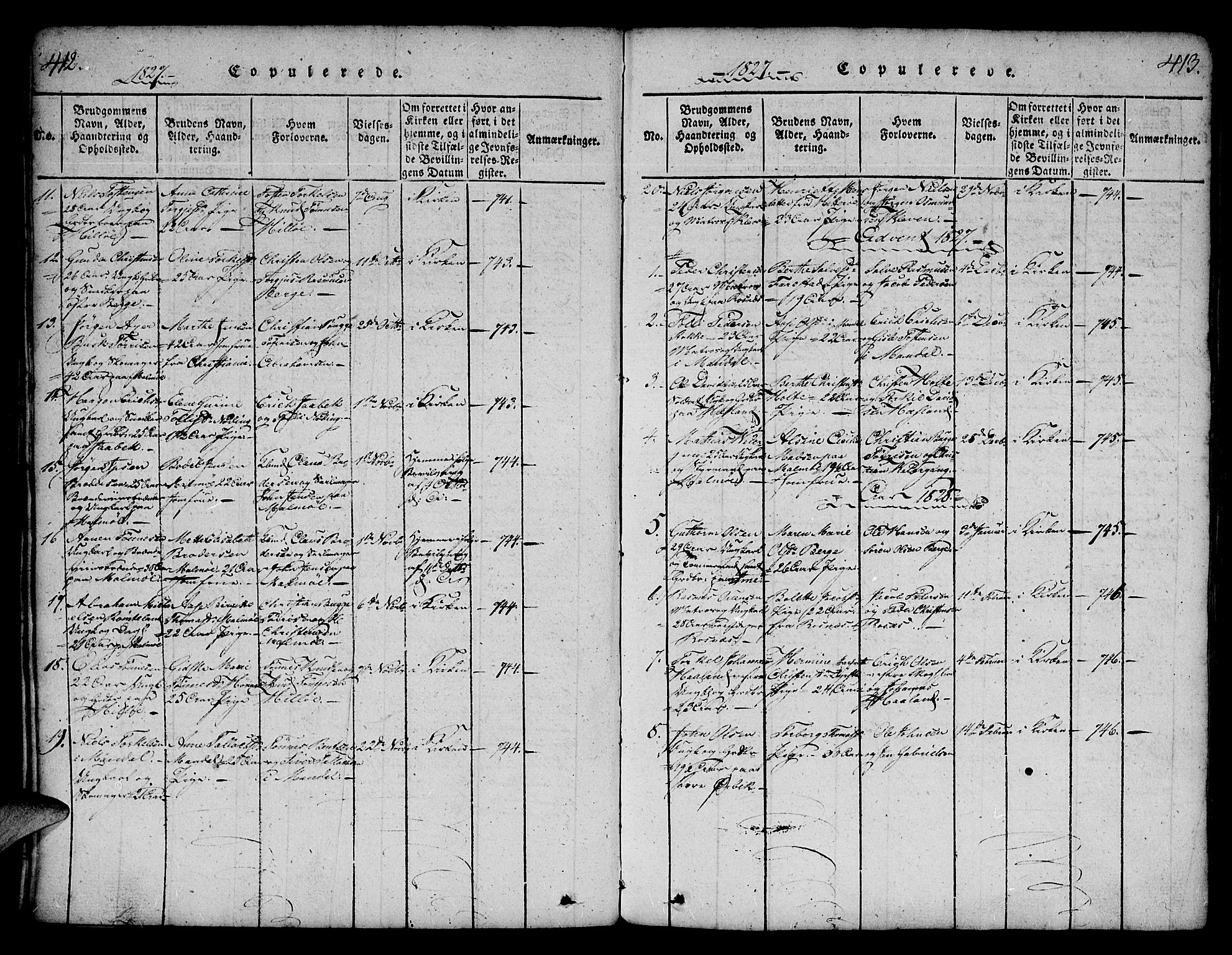 Mandal sokneprestkontor, SAK/1111-0030/F/Fa/Faa/L0010: Parish register (official) no. A 10, 1817-1830, p. 412-413