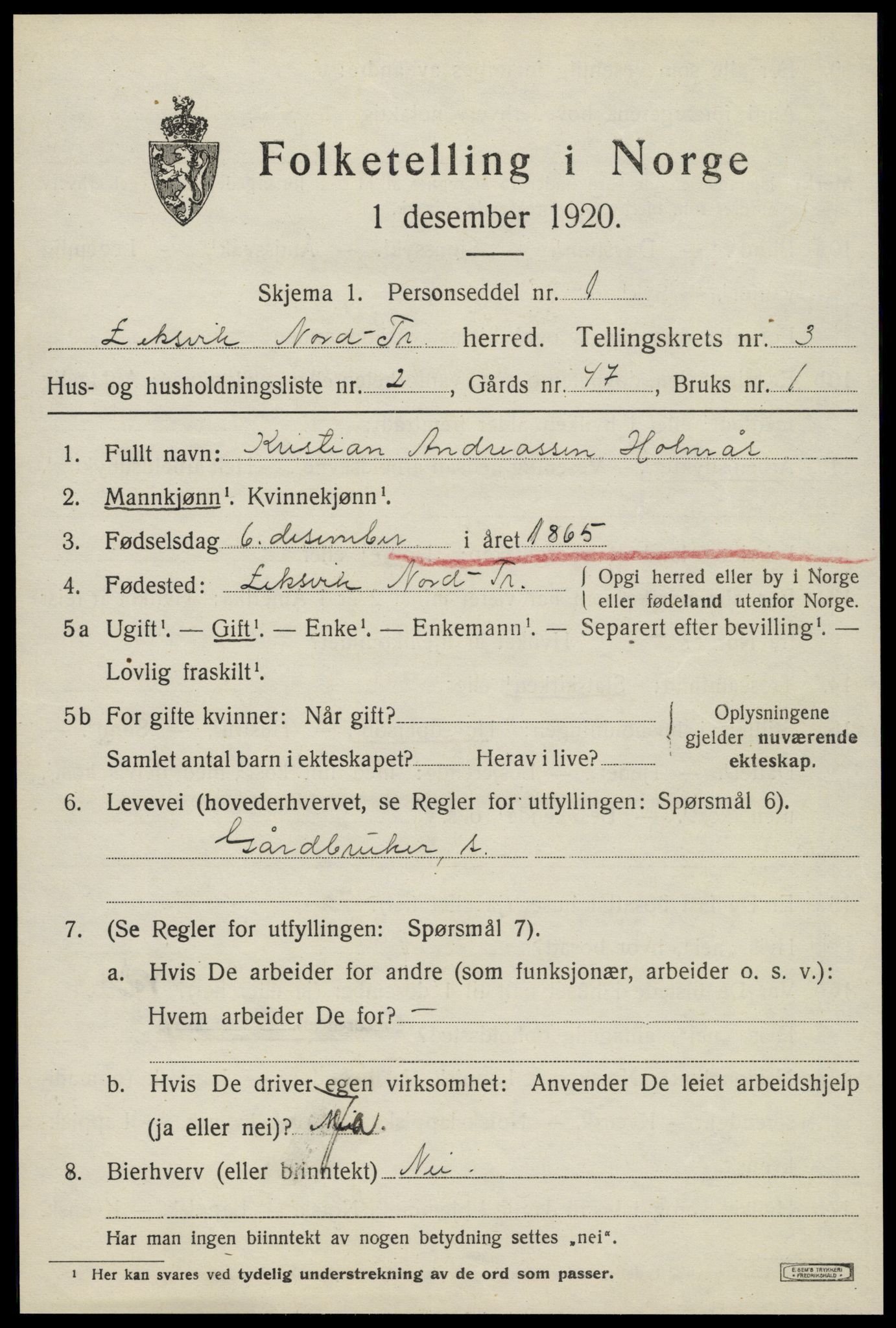 SAT, 1920 census for Leksvik, 1920, p. 2898