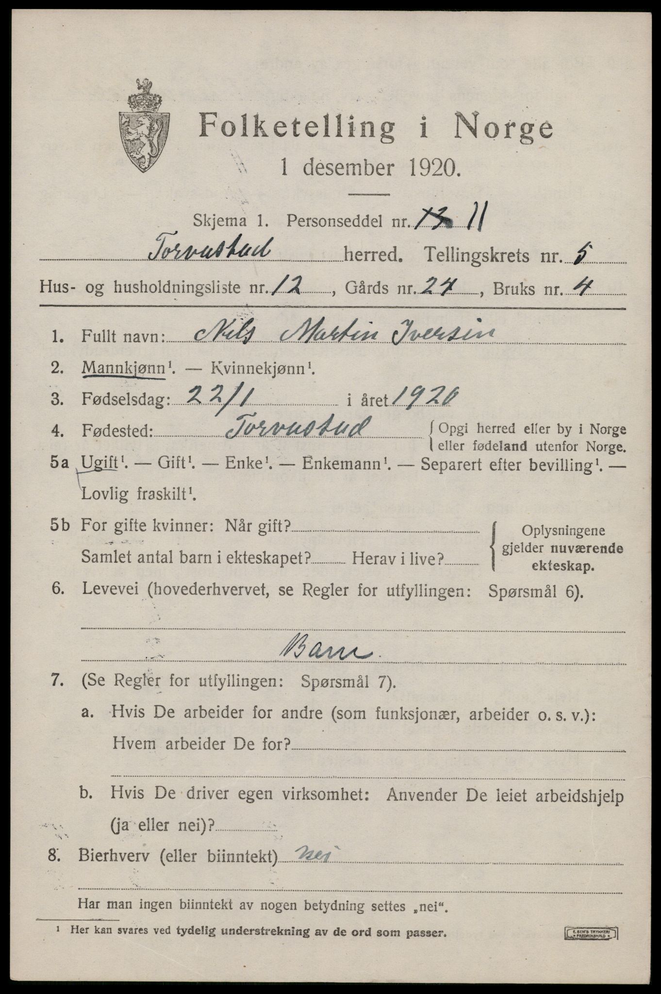 SAST, 1920 census for Torvastad, 1920, p. 4902