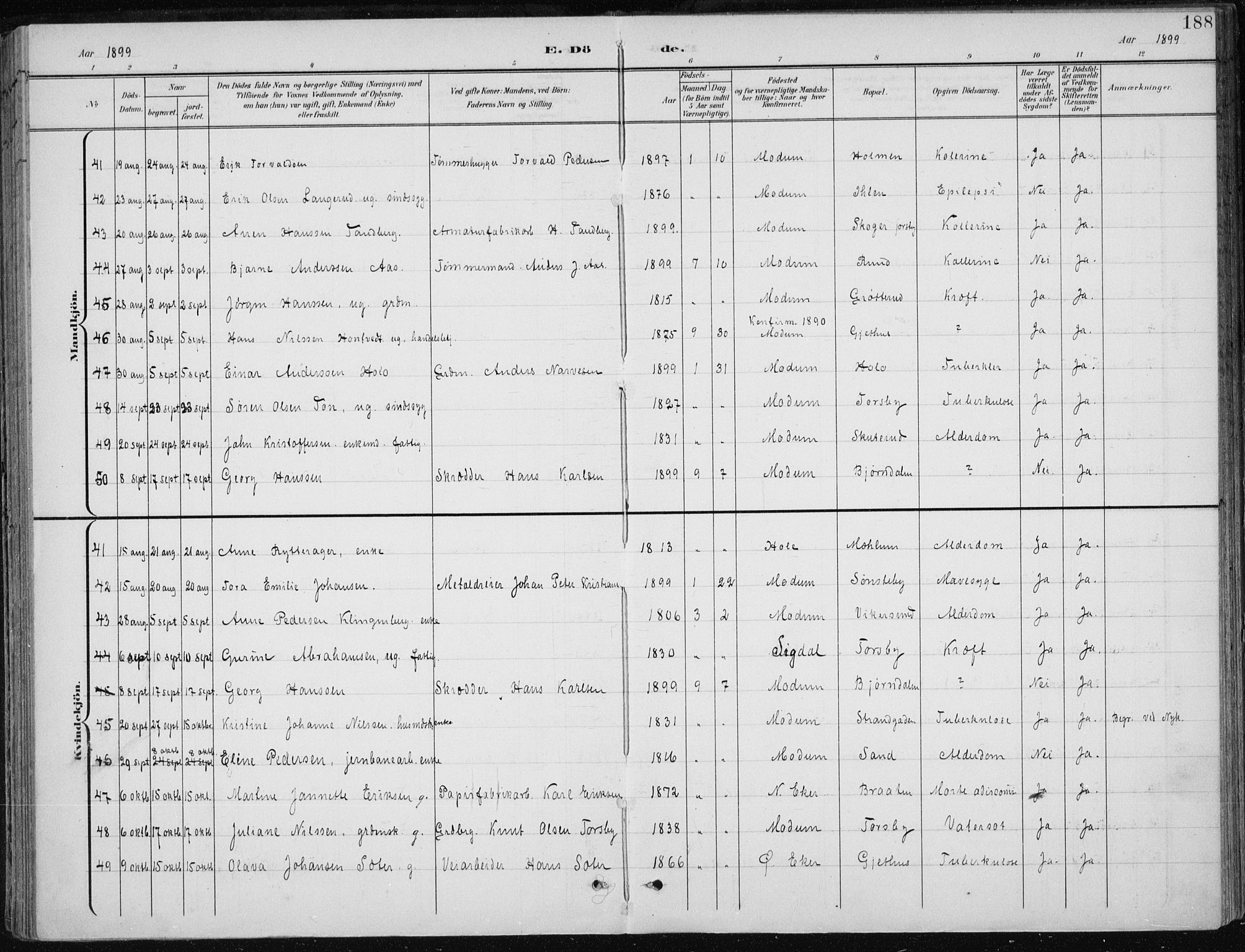 Modum kirkebøker, AV/SAKO-A-234/F/Fa/L0013: Parish register (official) no. 13, 1899-1907, p. 188