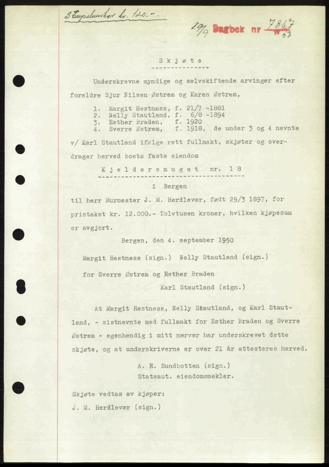 Byfogd og Byskriver i Bergen, AV/SAB-A-3401/03/03Bc/L0033: Mortgage book no. A26-27, 1950-1950, Diary no: : 7867/1950