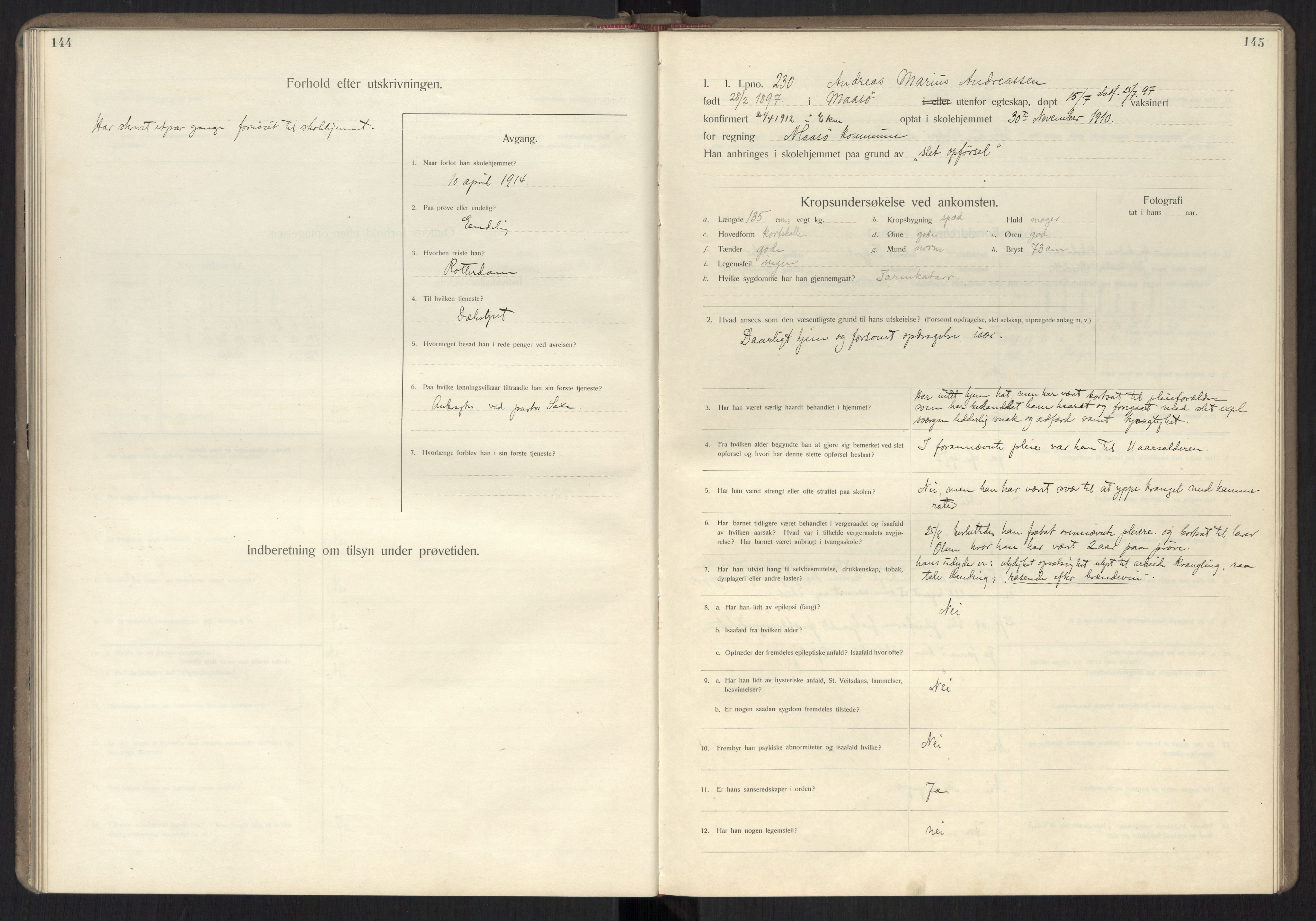 Falstad skolehjem, RA/S-1676/E/Ea/L0007: Elevprotokoll nr. 3 løpenr. 194-268, 1909-1913, p. 144-145