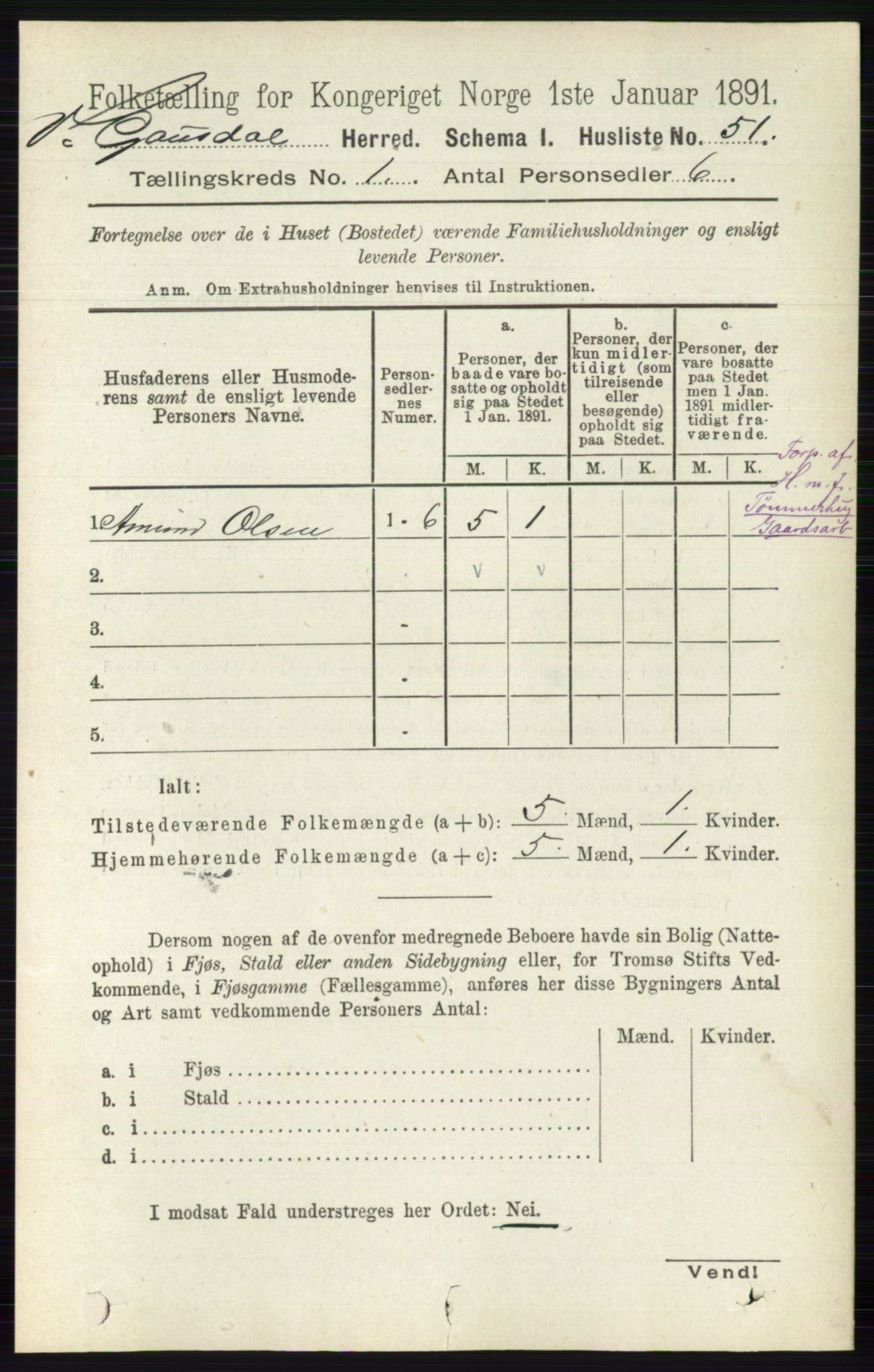 RA, 1891 census for 0523 Vestre Gausdal, 1891, p. 74