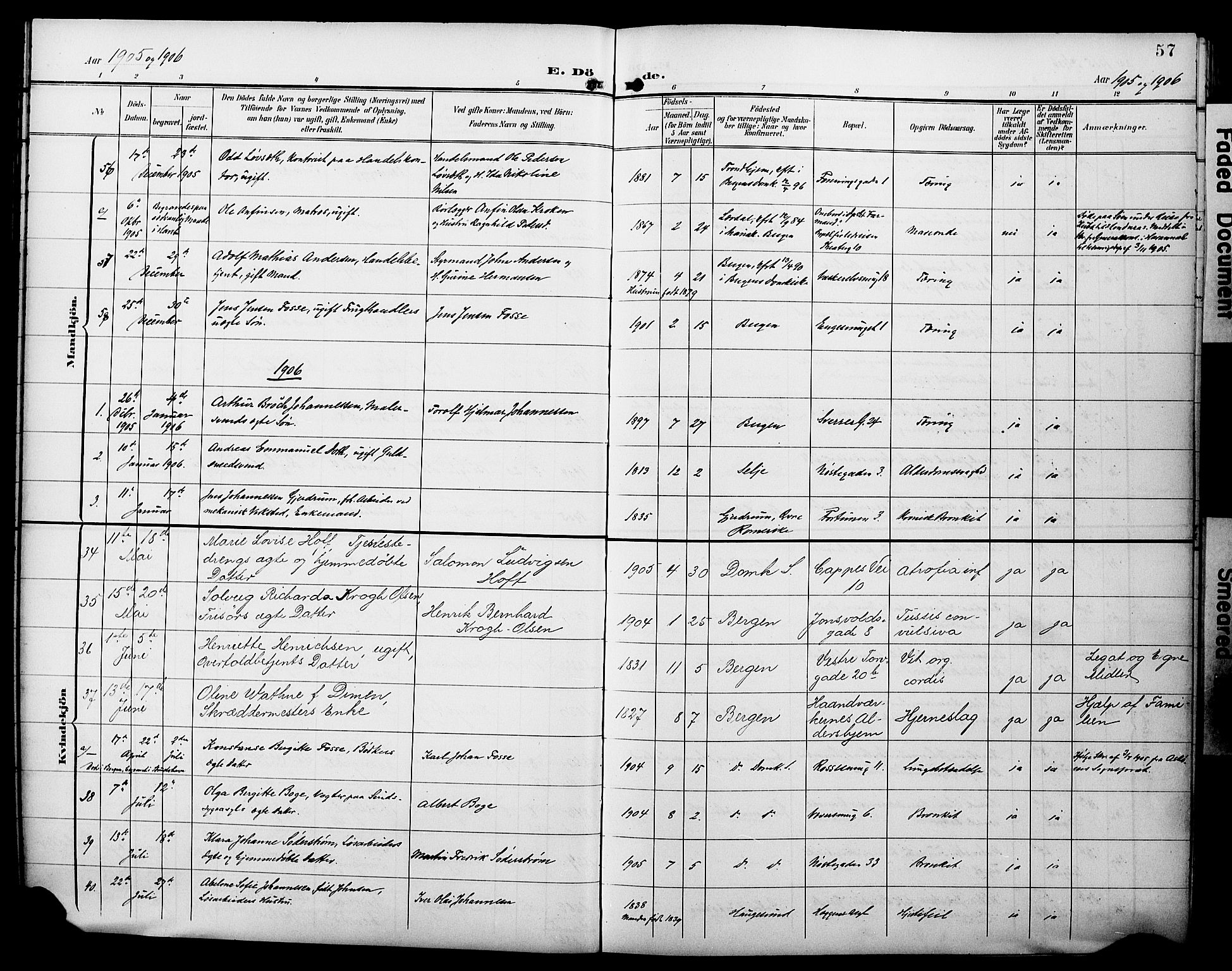 Domkirken sokneprestembete, SAB/A-74801/H/Hab/L0042: Parish register (copy) no. E 6, 1900-1929, p. 57