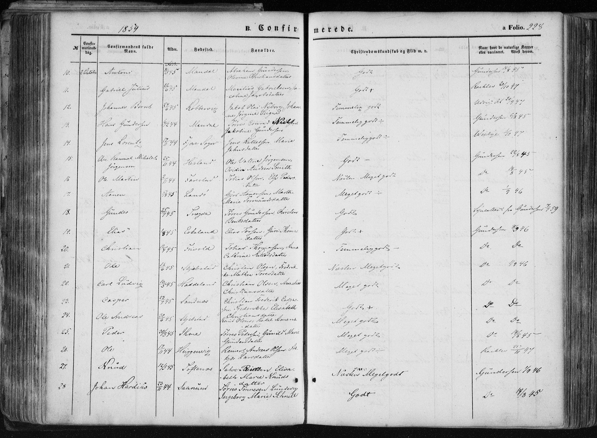 Mandal sokneprestkontor, AV/SAK-1111-0030/F/Fa/Faa/L0014: Parish register (official) no. A 14, 1859-1872, p. 228