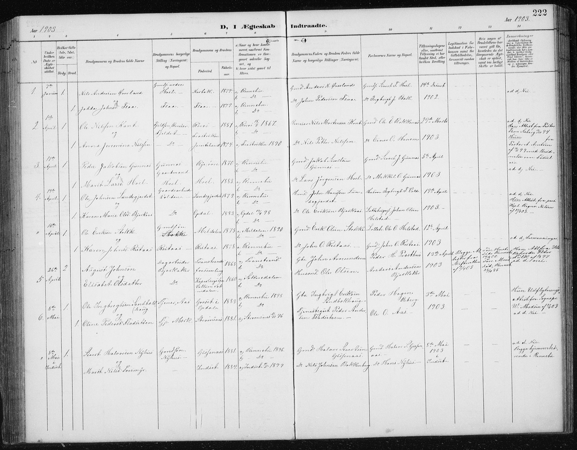 Ministerialprotokoller, klokkerbøker og fødselsregistre - Sør-Trøndelag, SAT/A-1456/674/L0876: Parish register (copy) no. 674C03, 1892-1912, p. 222