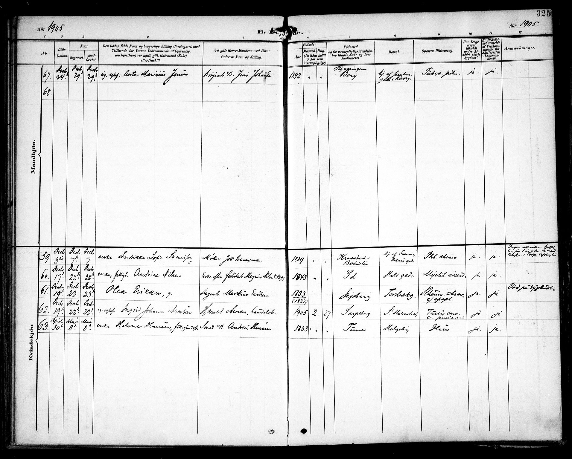 Sarpsborg prestekontor Kirkebøker, AV/SAO-A-2006/F/Fa/L0006: Parish register (official) no. 6, 1900-1909, p. 325