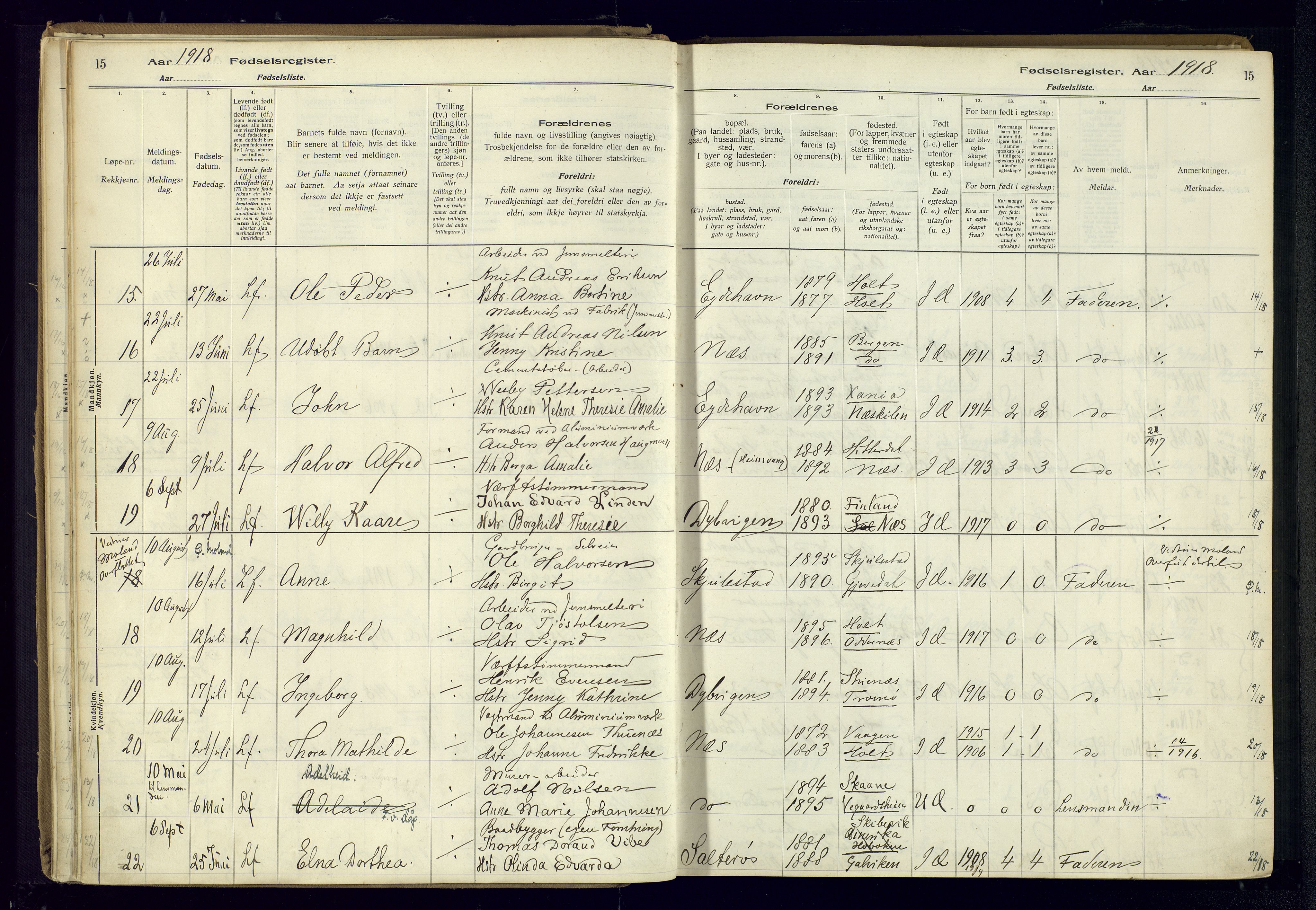 Austre Moland sokneprestkontor, AV/SAK-1111-0001/J/Ja/L0003: Birth register no. A-VI-27, 1916-1950, p. 15