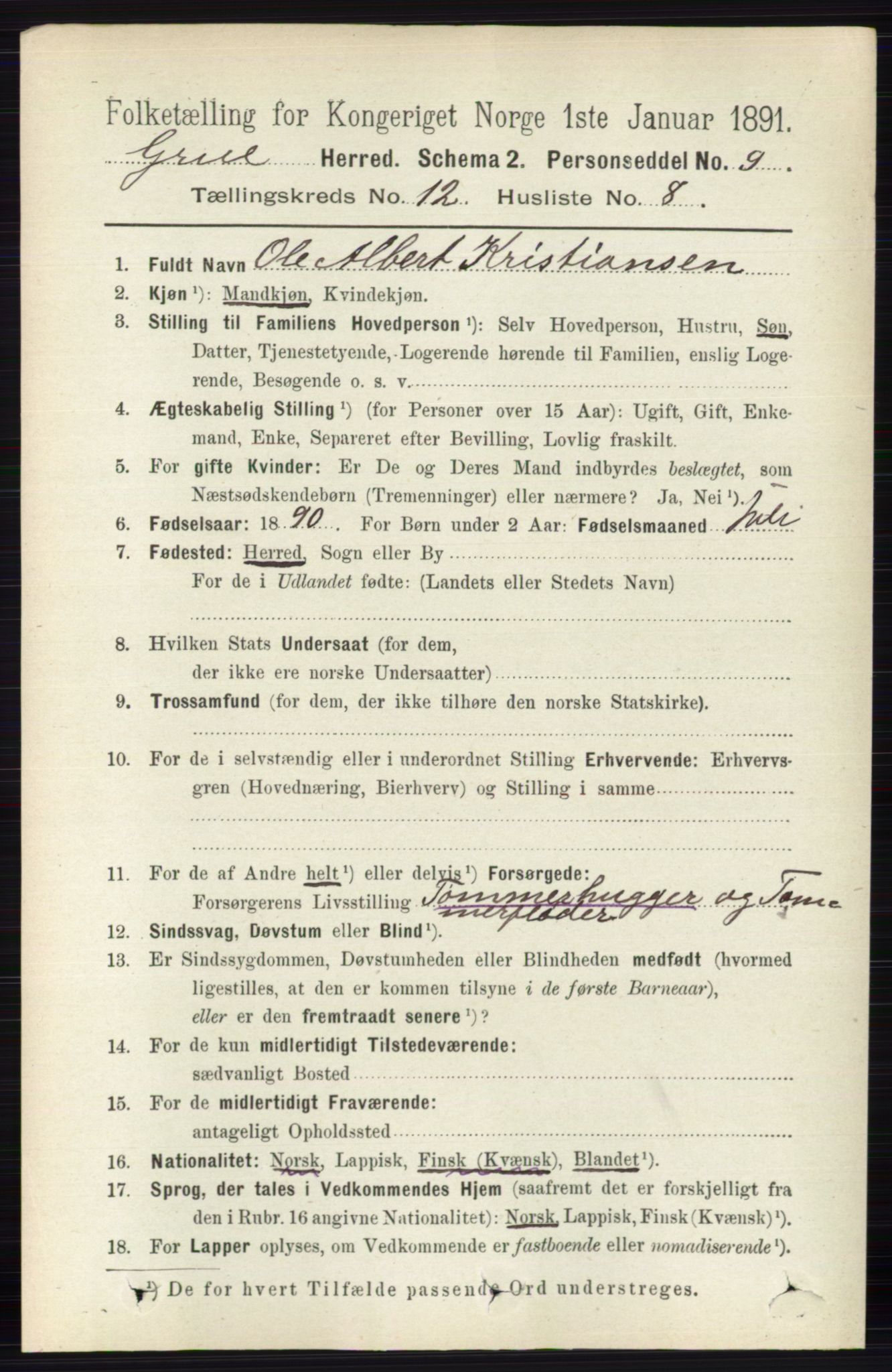 RA, 1891 census for 0423 Grue, 1891, p. 6166