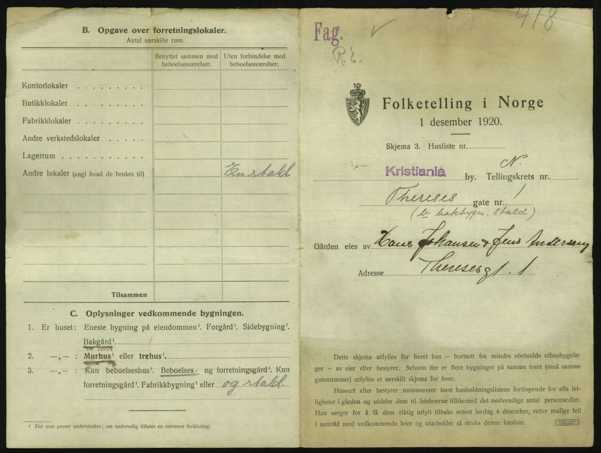 SAO, 1920 census for Kristiania, 1920, p. 109365