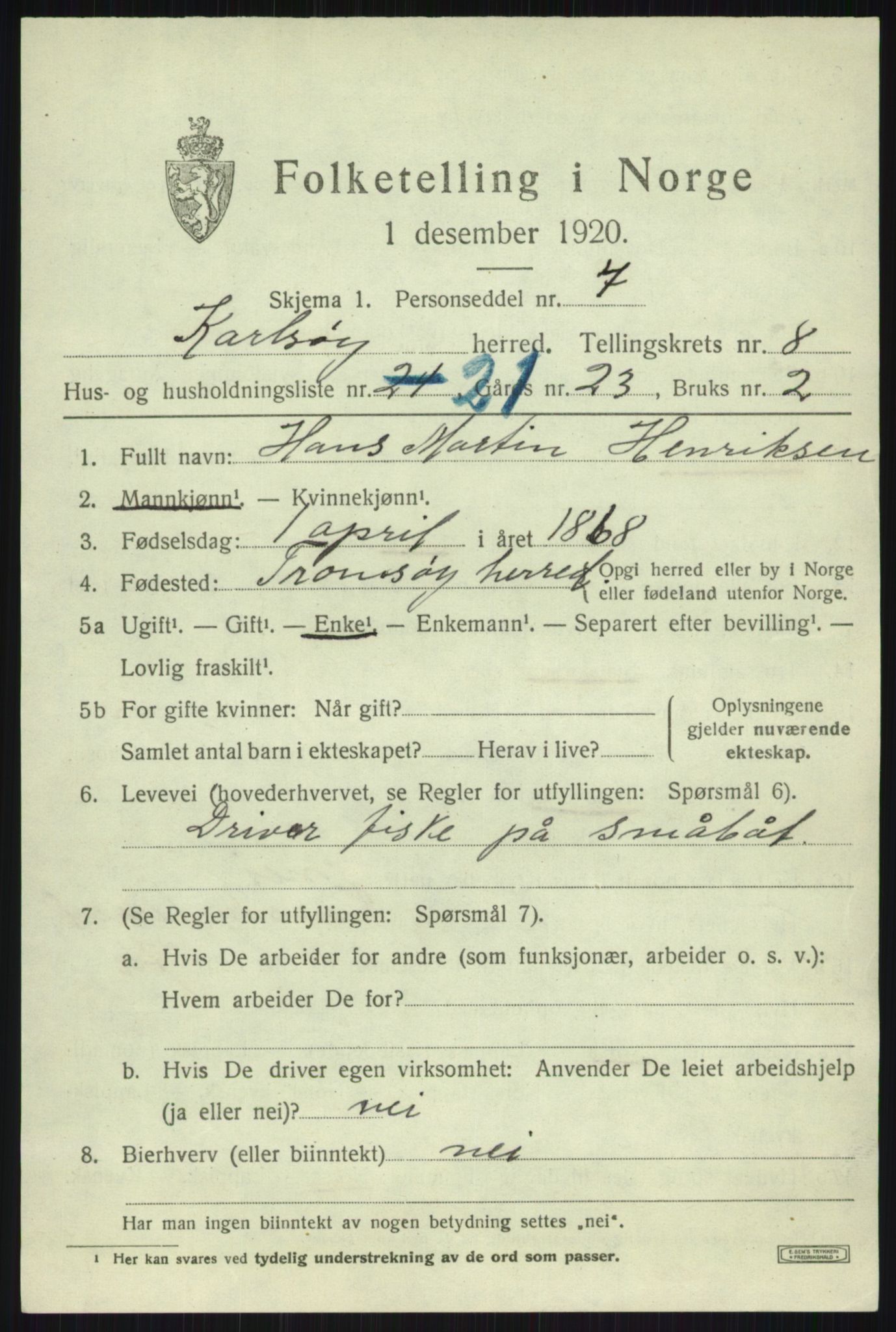 SATØ, 1920 census for Karlsøy, 1920, p. 3307