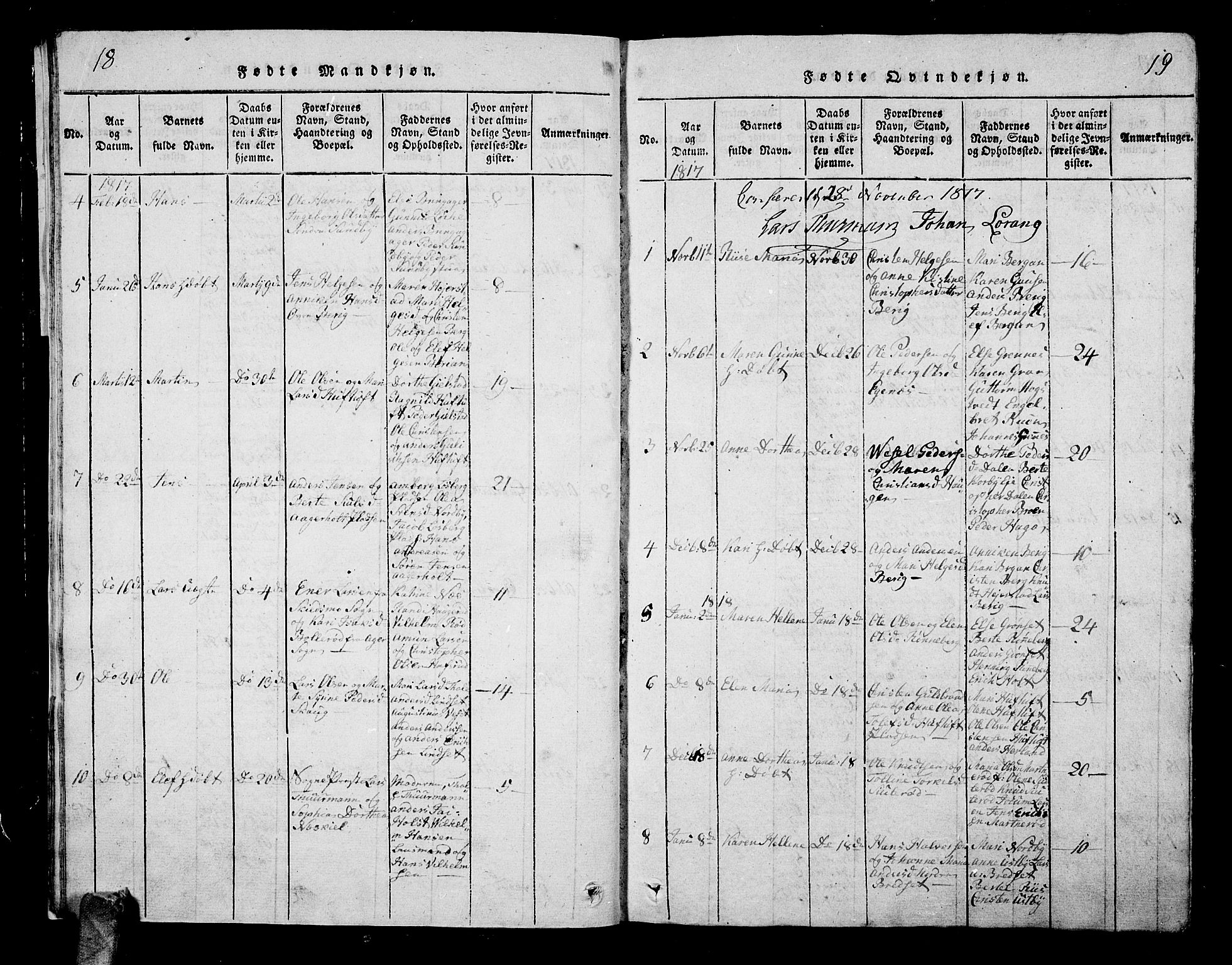 Hof kirkebøker, AV/SAKO-A-64/G/Ga/L0001: Parish register (copy) no. I 1, 1814-1844, p. 18-19