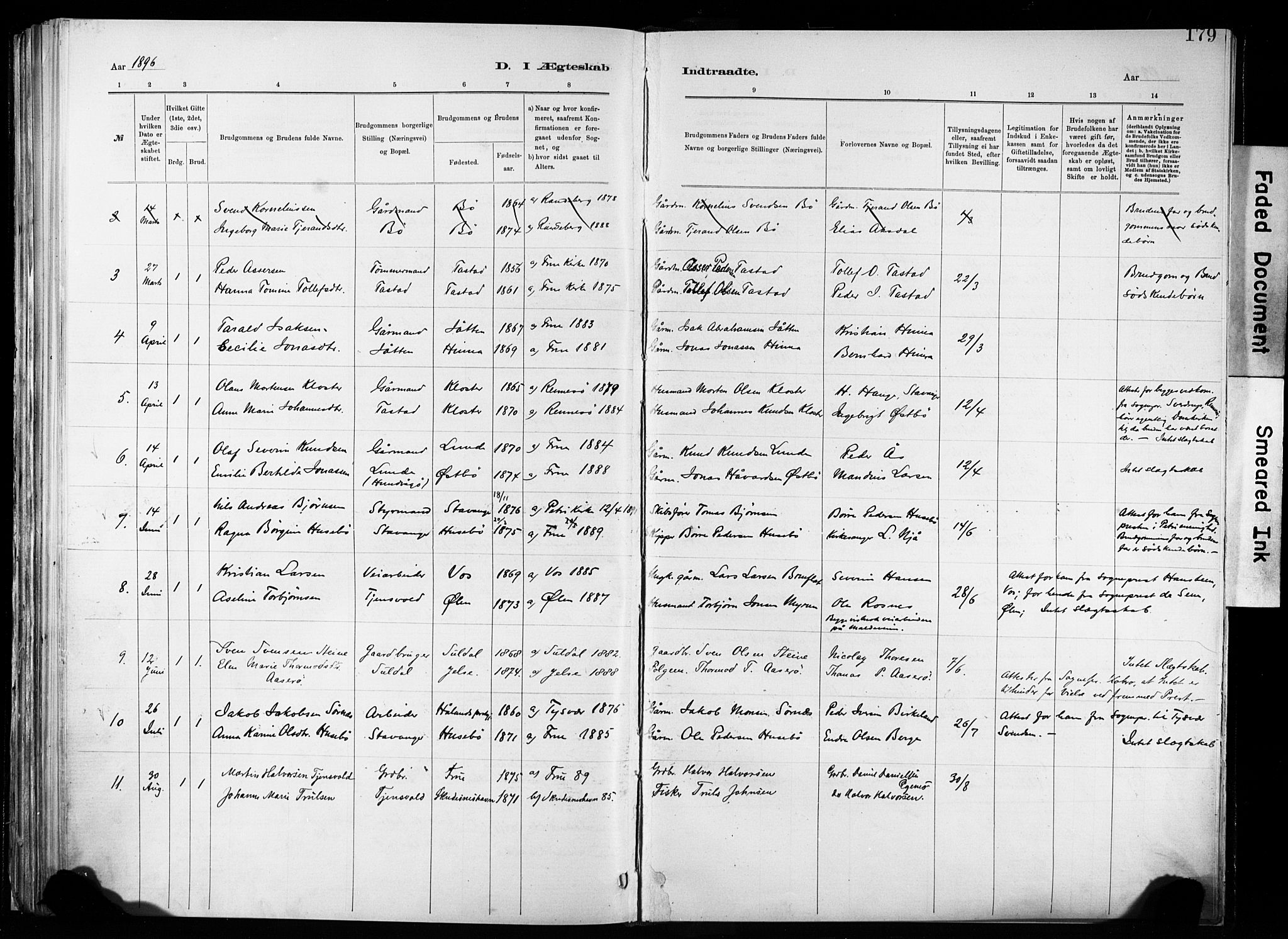 Hetland sokneprestkontor, AV/SAST-A-101826/30/30BA/L0011: Parish register (official) no. A 11, 1884-1911, p. 179