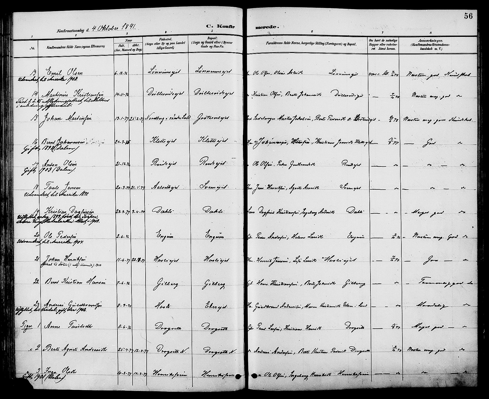 Biri prestekontor, SAH/PREST-096/H/Ha/Haa/L0007: Parish register (official) no. 7, 1887-1893, p. 56