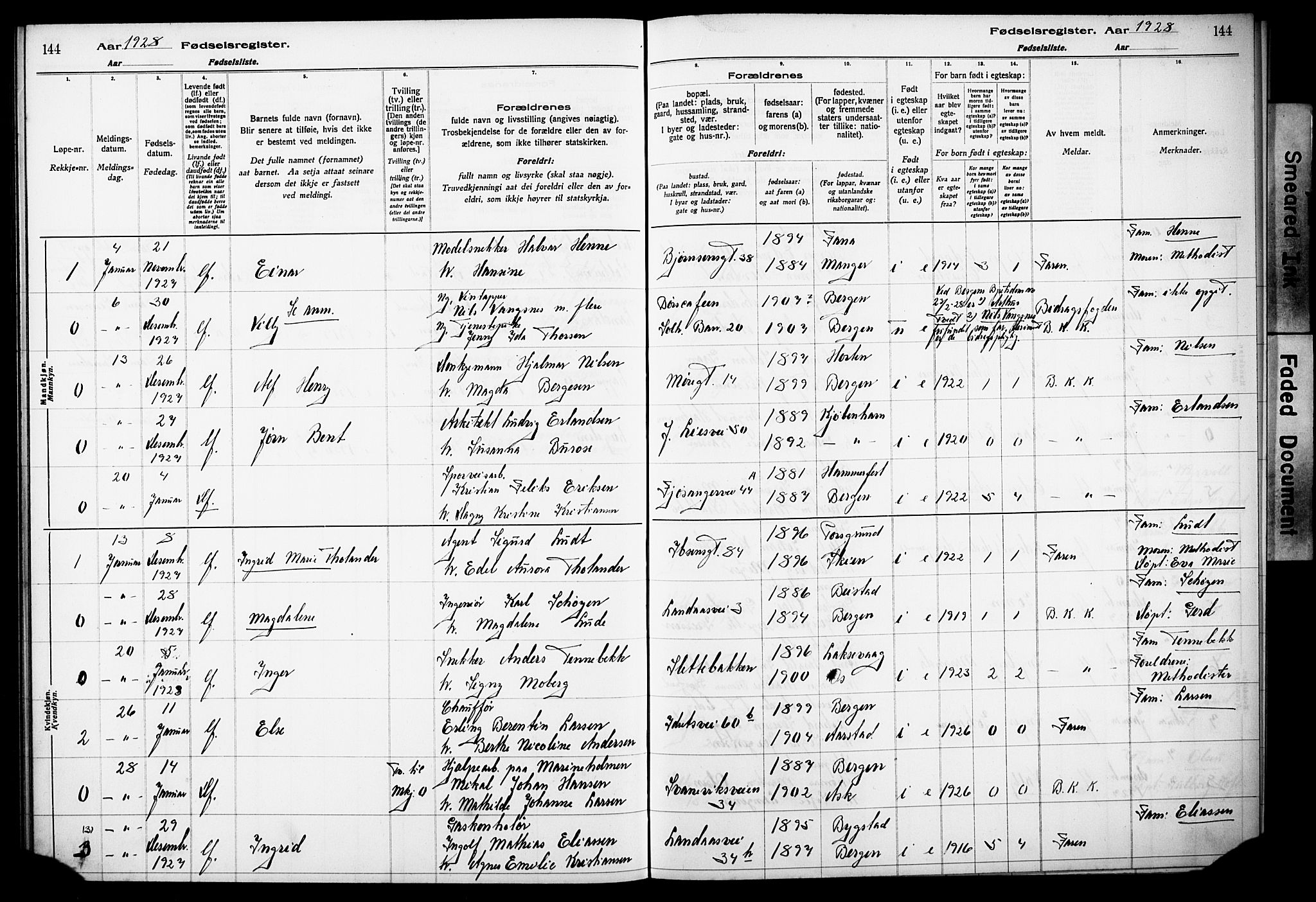 Årstad Sokneprestembete, SAB/A-79301/I/Id/L0A03: Birth register no. A 3, 1924-1929, p. 144