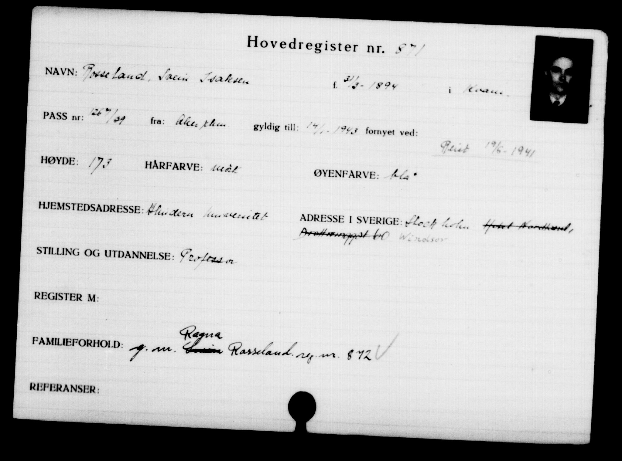 Den Kgl. Norske Legasjons Flyktningskontor, AV/RA-S-6753/V/Va/L0001: Kjesäterkartoteket. Flyktningenr. 1-1000, 1940-1945, p. 1382