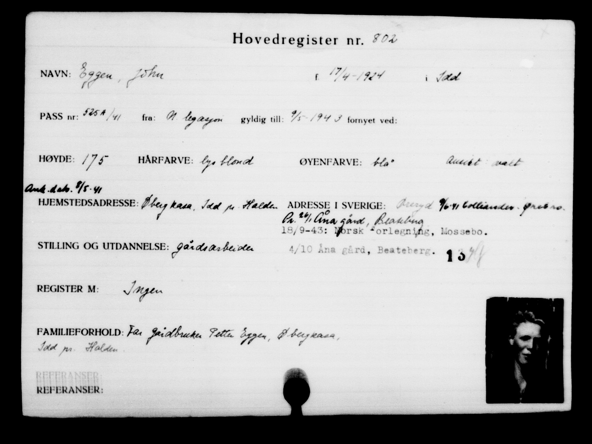 Utenriksstasjonene, Legasjonen i Stockholm, Flyktningkontoret, AV/RA-S-6753/V/Va/L0001: Kjesäterkartoteket, flyktninger med registreringsnr. 1-1000, 1940-1945, p. 1270
