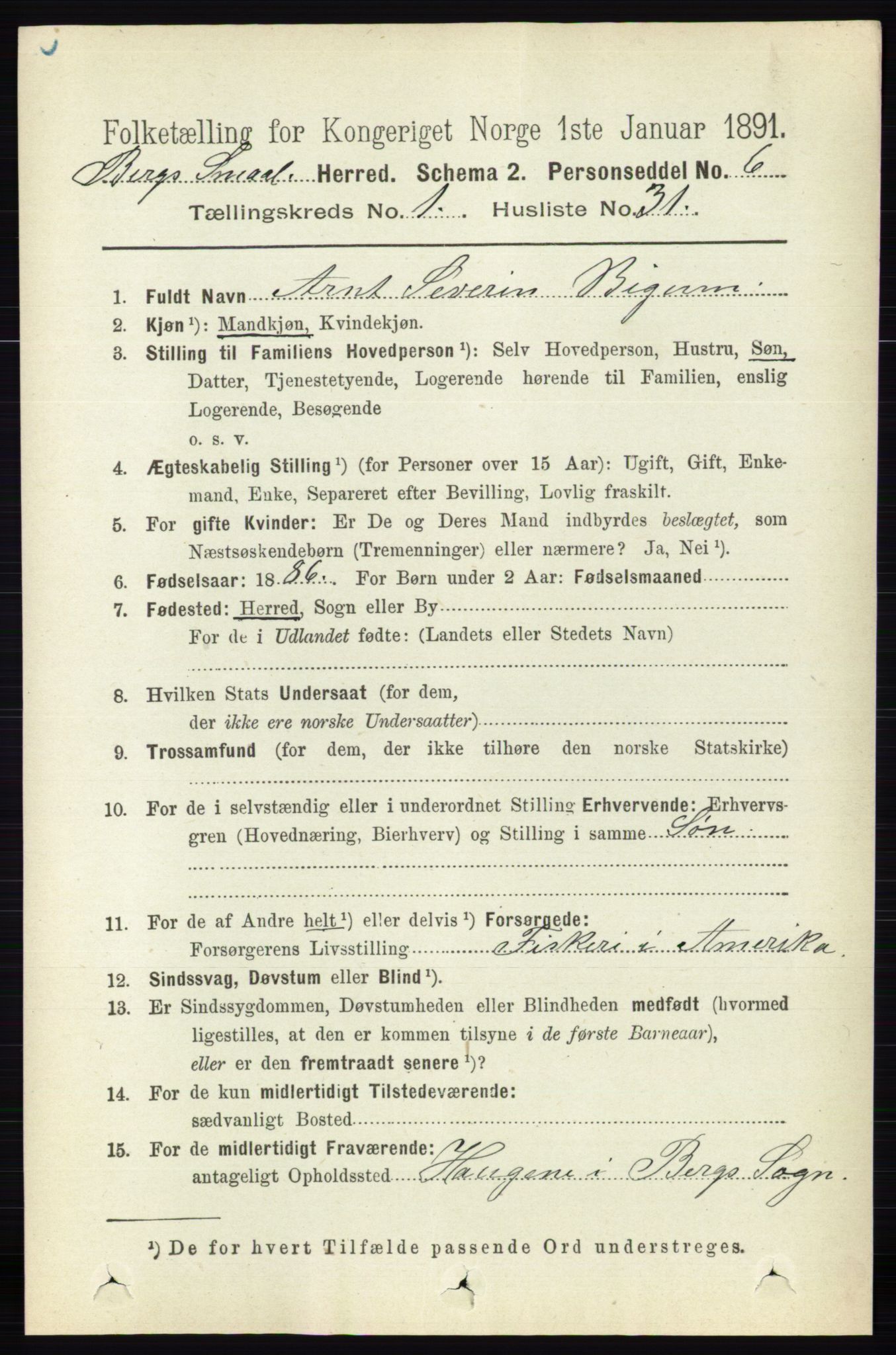 RA, 1891 census for 0116 Berg, 1891, p. 330