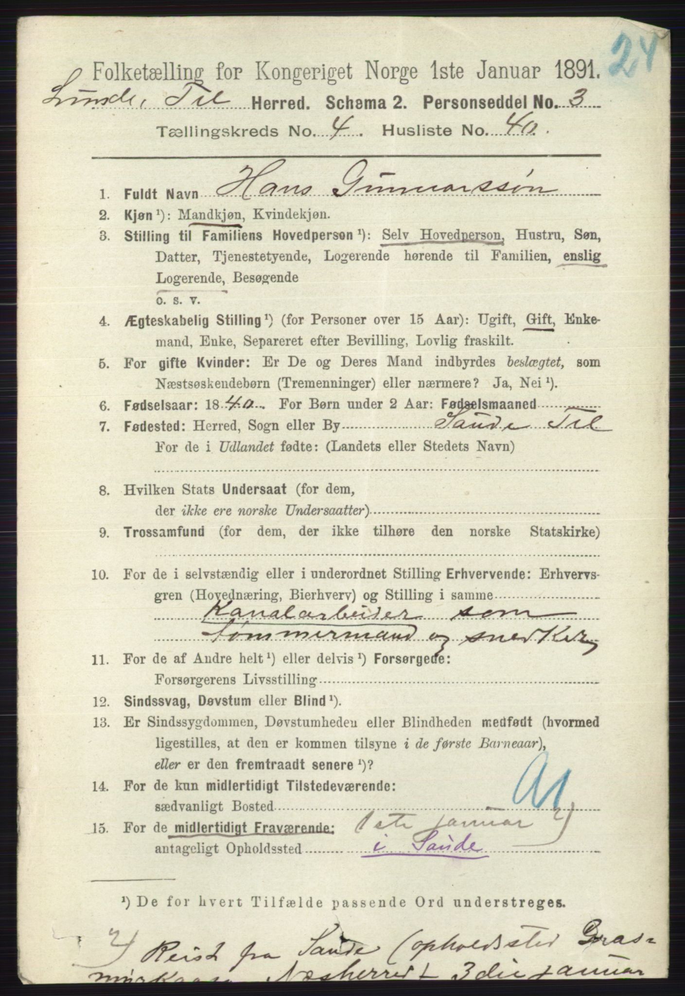 RA, 1891 census for 0820 Lunde, 1891, p. 1444