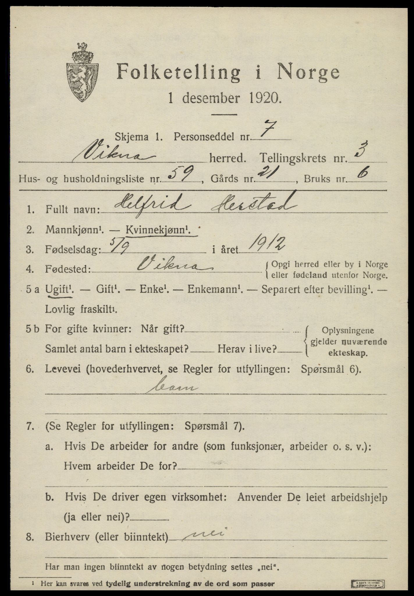 SAT, 1920 census for Vikna, 1920, p. 4133