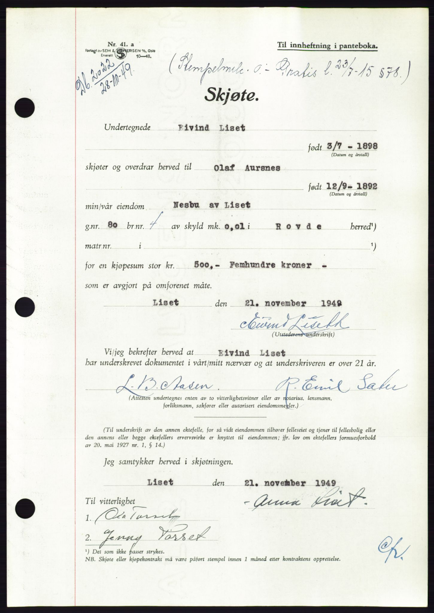 Søre Sunnmøre sorenskriveri, AV/SAT-A-4122/1/2/2C/L0085: Mortgage book no. 11A, 1949-1949, Diary no: : 2022/1949