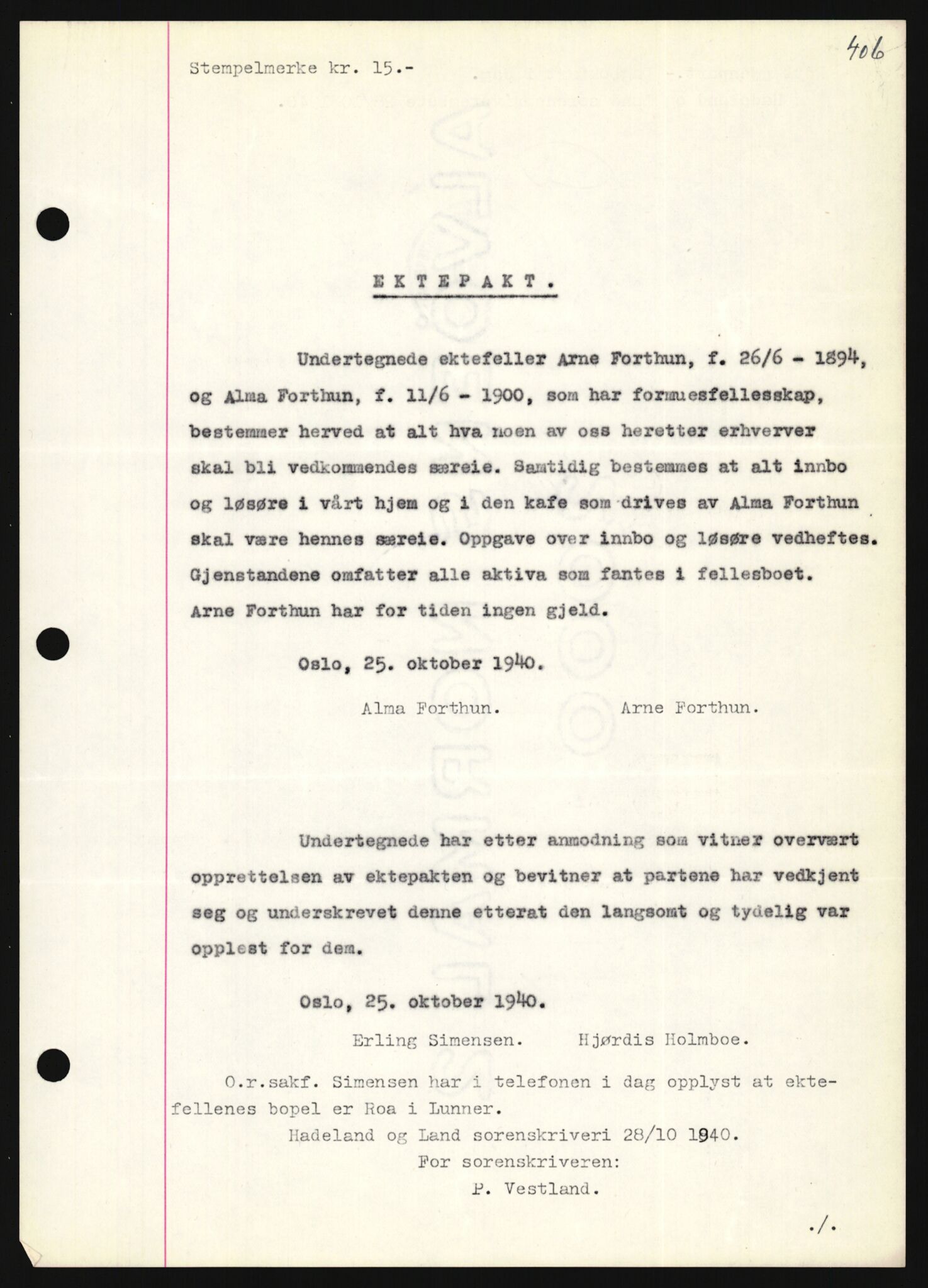 Oslo byskriverembete, AV/SAO-A-10227/2/G/Gb/L0037: Tinglyste ektepakter, Oppland, bind 2-3, 1935-1950