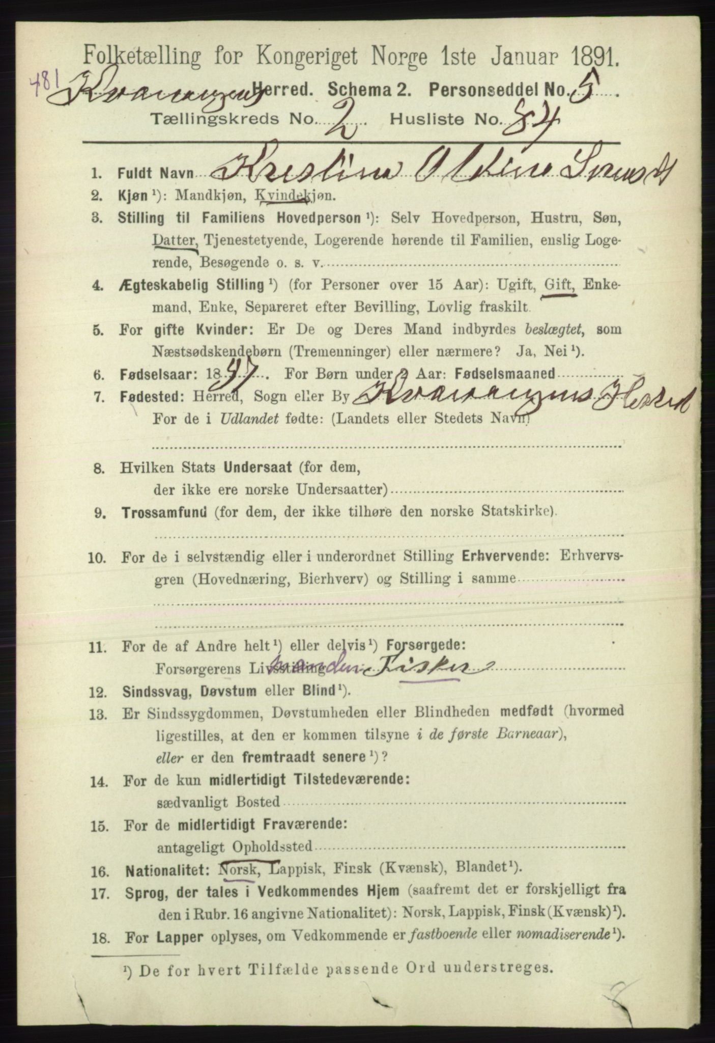 RA, 1891 census for 1943 Kvænangen, 1891, p. 997