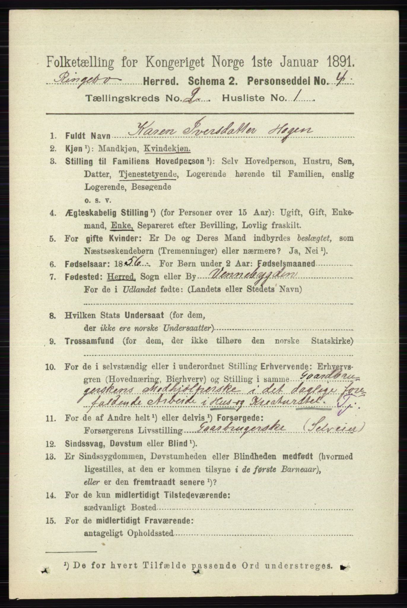 RA, 1891 census for 0520 Ringebu, 1891, p. 393