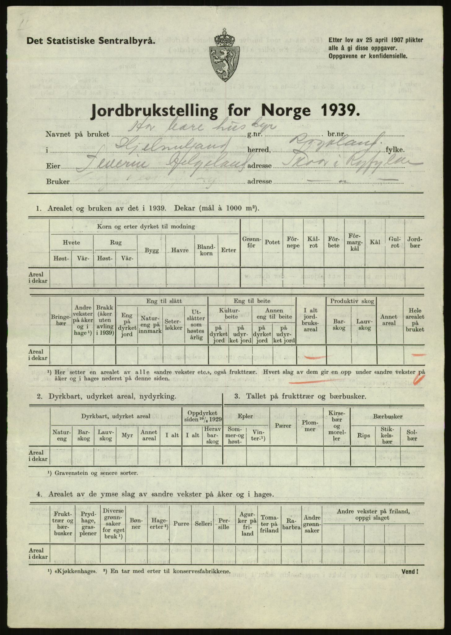 Statistisk sentralbyrå, Næringsøkonomiske emner, Jordbruk, skogbruk, jakt, fiske og fangst, AV/RA-S-2234/G/Gb/L0184: Rogaland: Årdal, Fister og Hjelmeland, 1939, p. 779