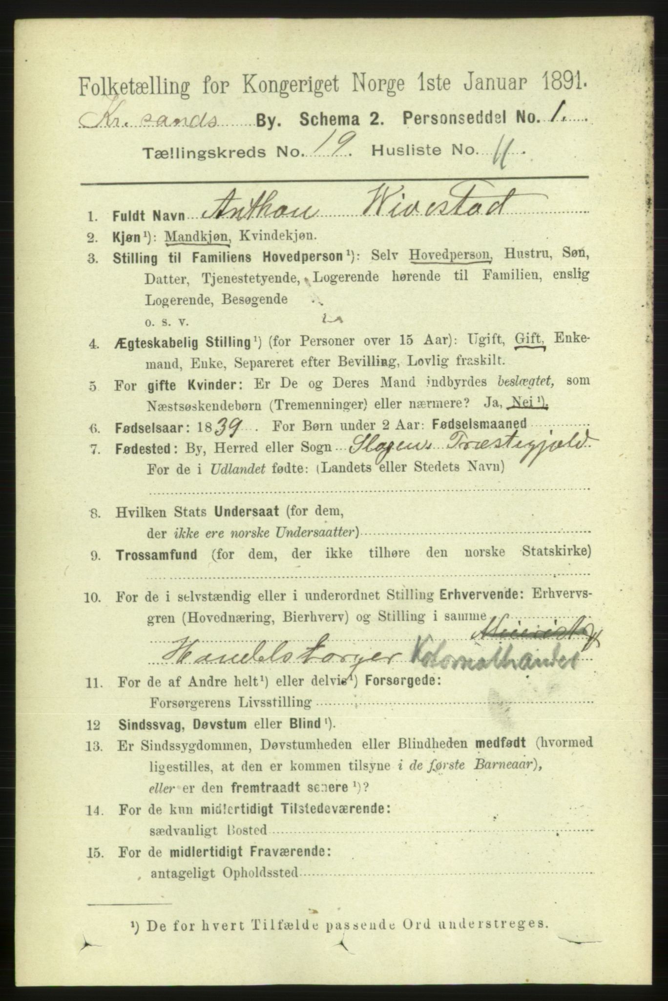 RA, 1891 census for 1001 Kristiansand, 1891, p. 7402