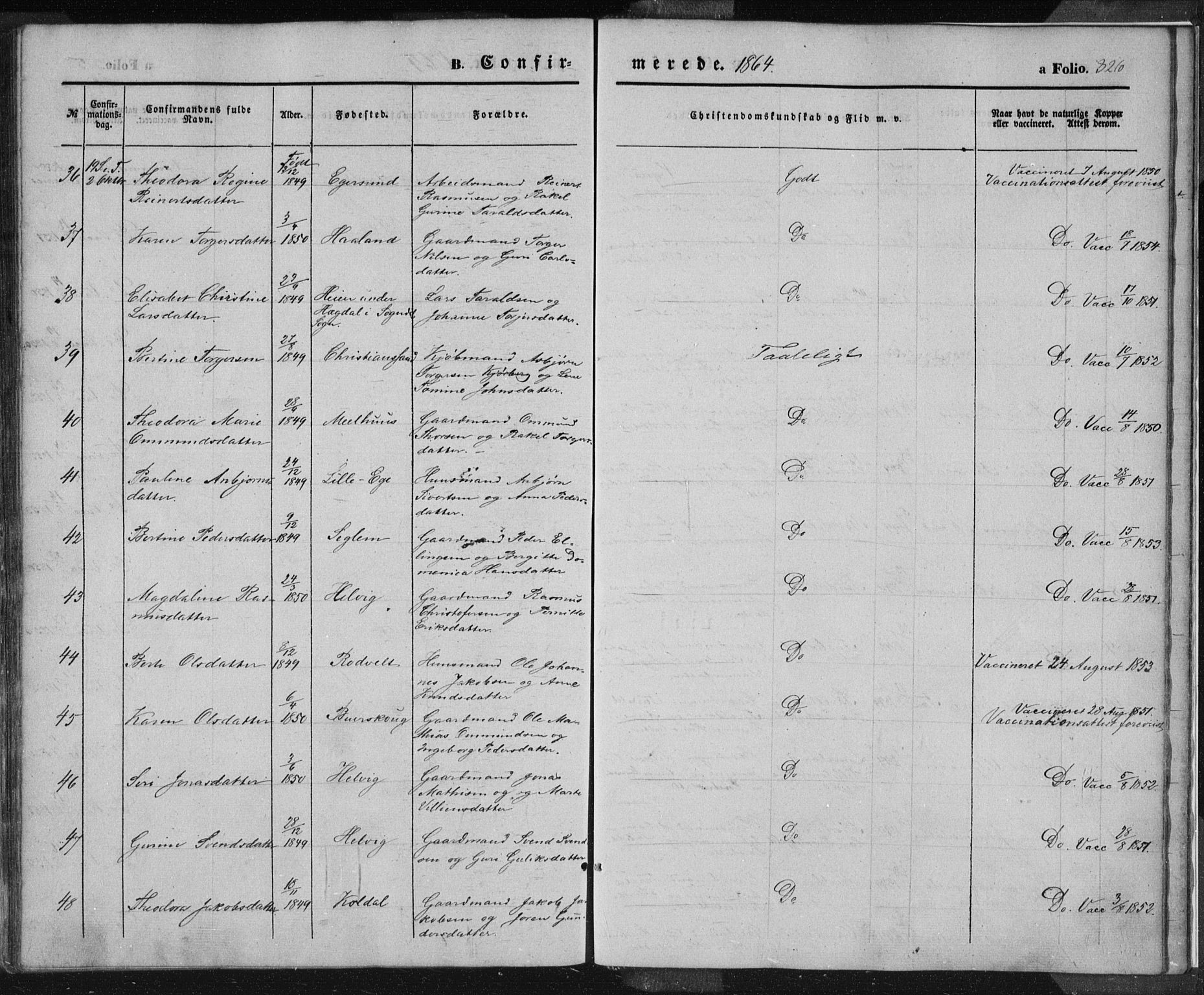 Eigersund sokneprestkontor, AV/SAST-A-101807/S08/L0012: Parish register (official) no. A 12.1, 1850-1865, p. 326