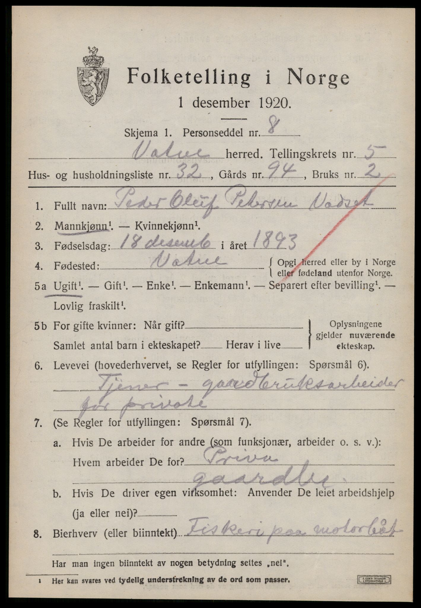 SAT, 1920 census for Vatne, 1920, p. 2644