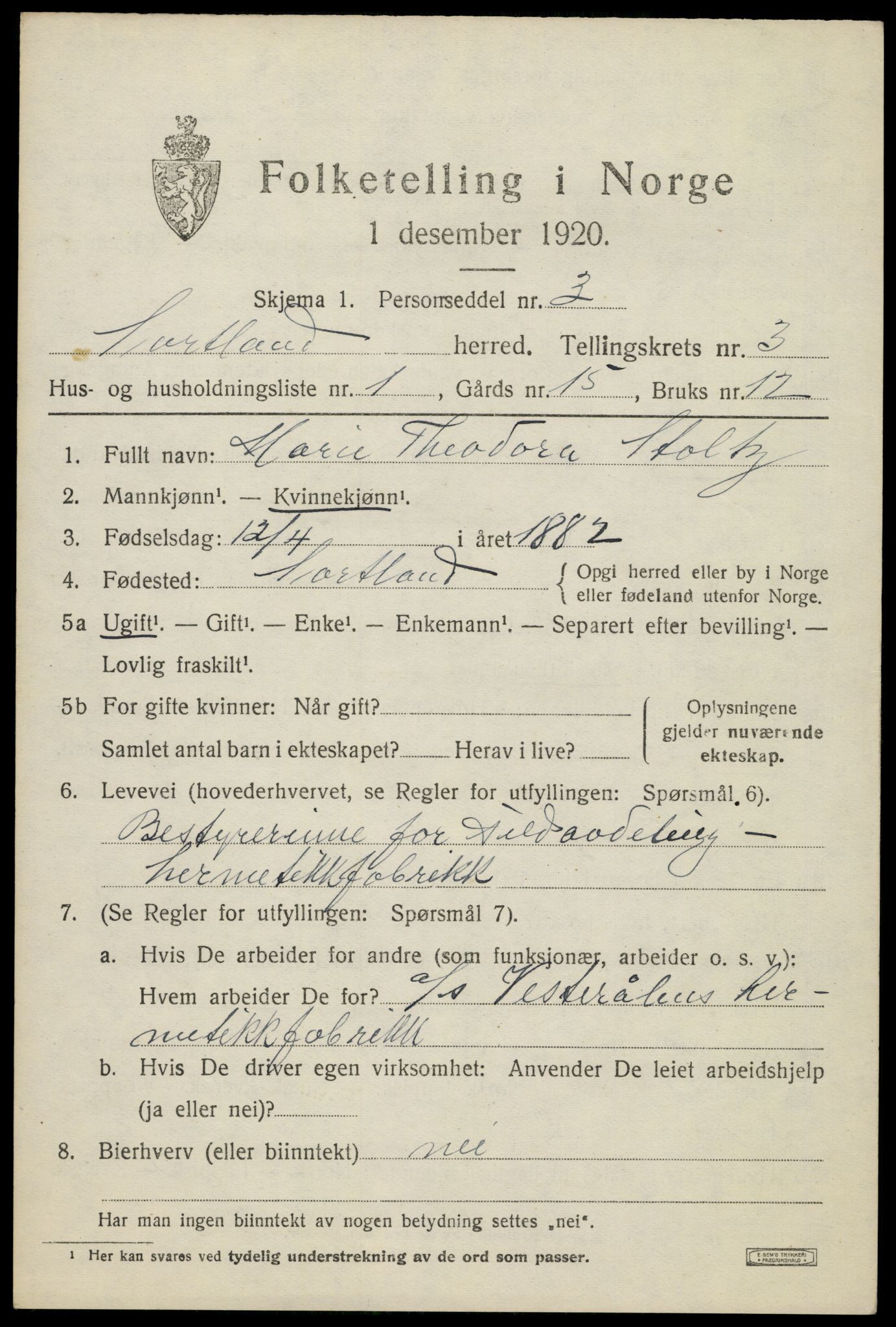 SAT, 1920 census for Sortland, 1920, p. 3618