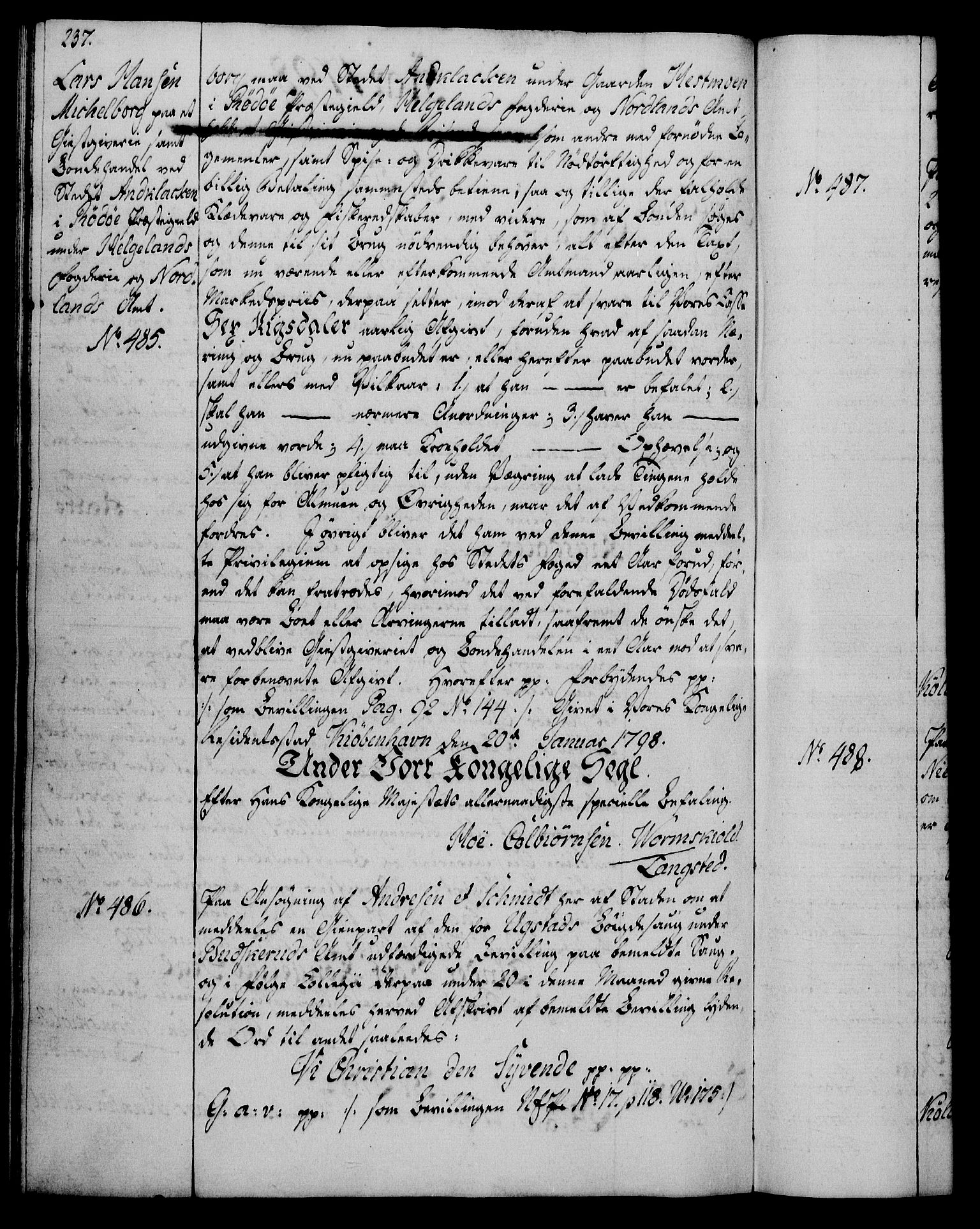Rentekammeret, Kammerkanselliet, RA/EA-3111/G/Gg/Gga/L0016: Norsk ekspedisjonsprotokoll med register (merket RK 53.16), 1794-1800, p. 237