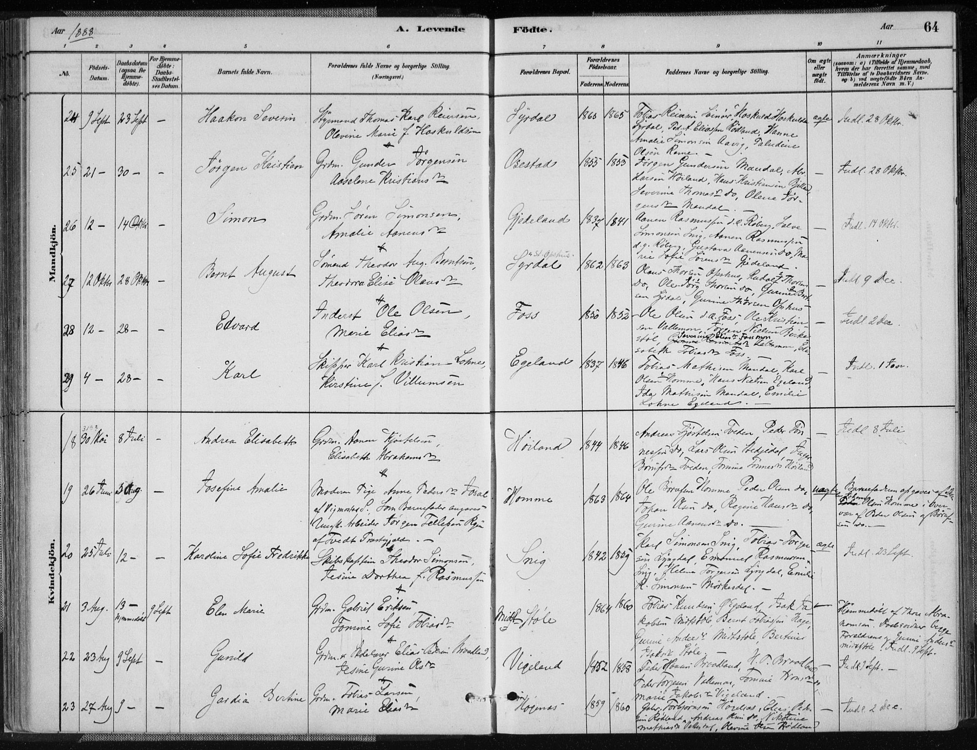 Sør-Audnedal sokneprestkontor, AV/SAK-1111-0039/F/Fa/Fab/L0009: Parish register (official) no. A 9, 1880-1895, p. 64