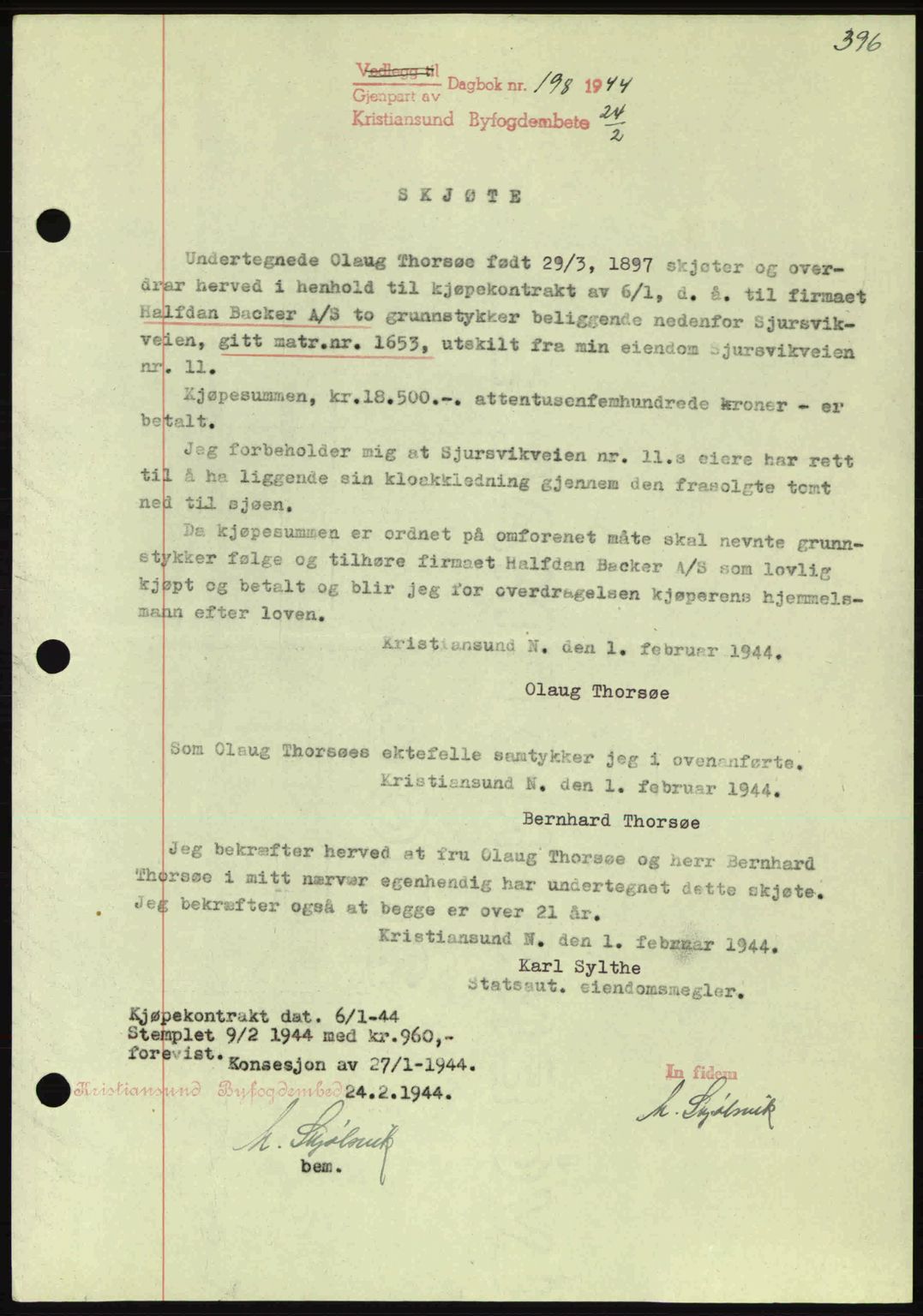 Kristiansund byfogd, AV/SAT-A-4587/A/27: Mortgage book no. 34, 1941-1945, Diary no: : 198/1944